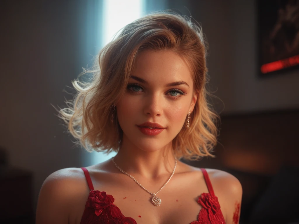 (masterpiece, photorealistic:1.4, extremely intricate:1.3), (photon mapping, radiosity, physically based rendering, ultra resolution, hyper-realistic, photorealistic:1.4, hyper-realistic, 8K), ((((solo, 1girl) teenage supermodel, (mysterious, smirk, bright lipstick)), makeup:1.2)), dark room, dark background, black background, solo, BREAK; BREAK ((((blonde short curly hair, [green eyes:blue eyes:0.8]), [skin detail:freckles:0.7]))), ((fujicolor)), (((([large breasts:medium breasts:0.2], (bedroom, (black silk pajamas, off shoulder, 19 years old girl)), ((portrait, closeup, decolletage))), dark bedsheet, bokeh, sharp focus)))