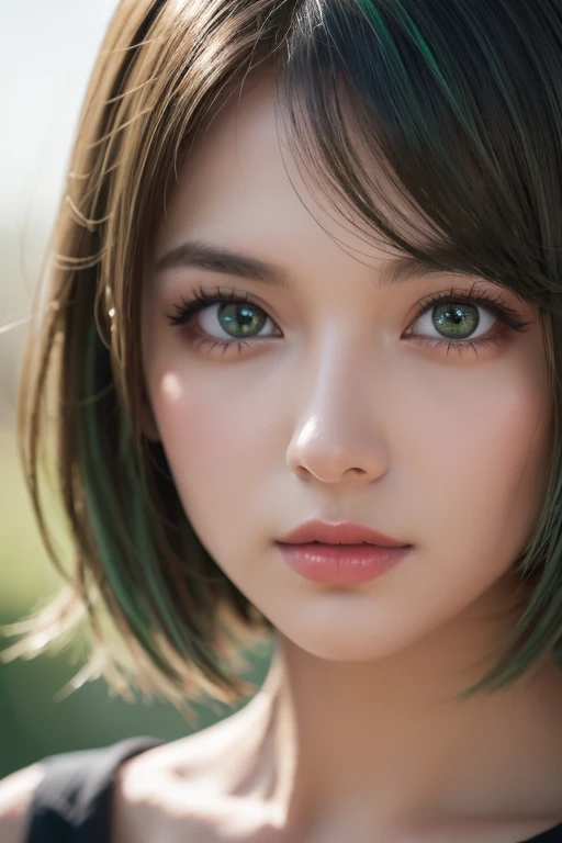 animesque、anime styled、Speciality、Moisturized eyes、Beautiful detailed eyes, (Short hair:1.2),  (8K, Best Quality, masutepiece:1.2), (Realistic, Photorealsitic:1.37), Ultra-detailed, a closeup、portraitures、1 girl, Cute, Green head hair、Solo, (nose blush),(Smile:1.15),