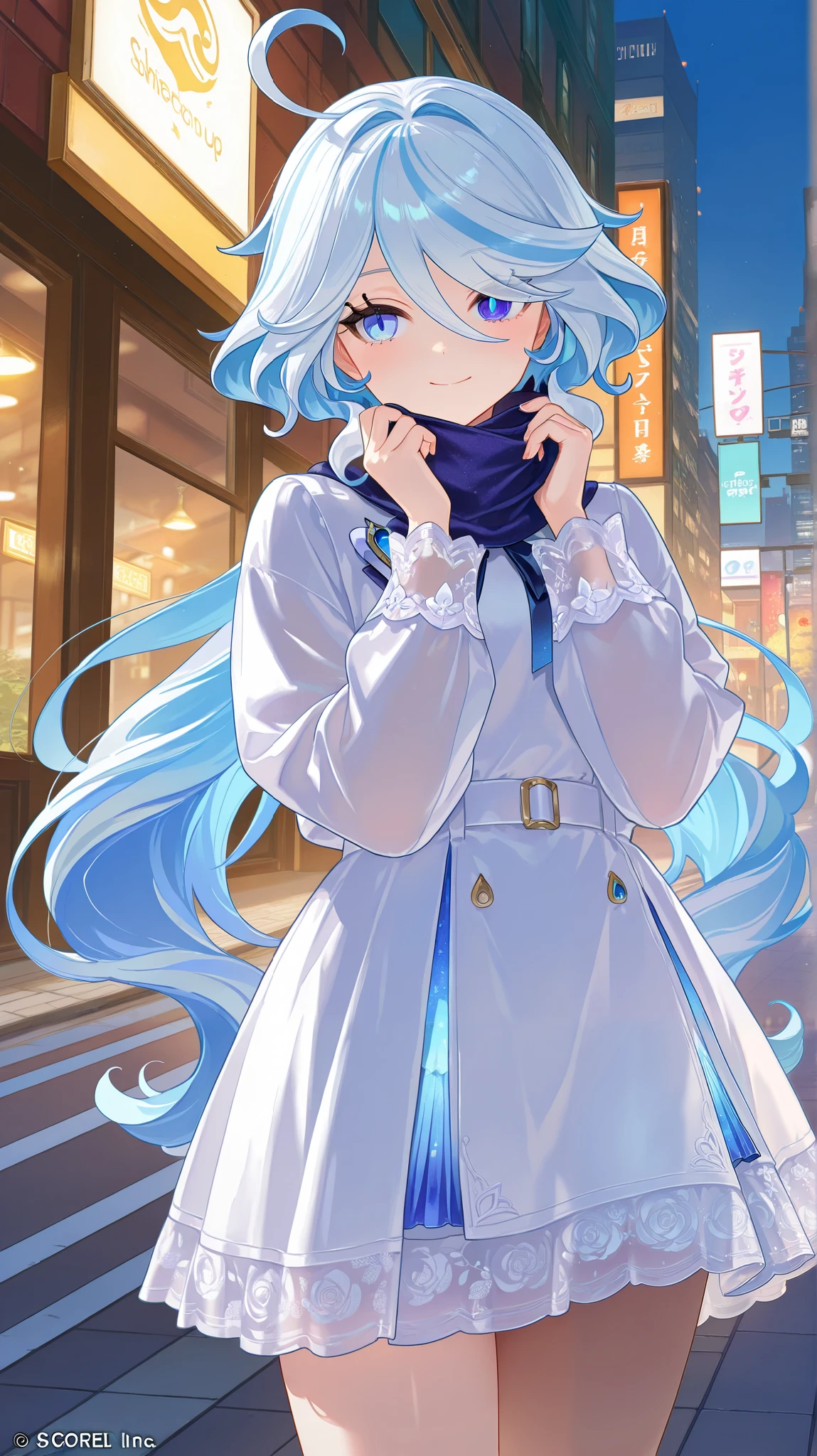 masterpiece, top quality, best quality, official art, beautiful and aesthetic:1.2),(8k, best quality, masterpiece:1.2), (((masterpiece))),(((best quality))),(((extremely detailed))), illustration, who, (masterpiece, top quality, best quality, official art, beautiful and aesthetic:1.2),(8k, best quality, masterpiece:1.2), furina_\(genshin_impact\), 1girl, solo, A high school girl with a pastel white instant hijab. Dressed in a white lace dress with floral details on the sleeves. Walking on a bustling city sidewalk with her head slightly bowed and a faint smile. Her cheeks are flushed and chubby, and she occasionally adjusts her hijab with a shy expression. The background depicts a busy city street with cars and pedestrians. Anime style: Shojo with details of large, glistening eyes and natural lighting effects.