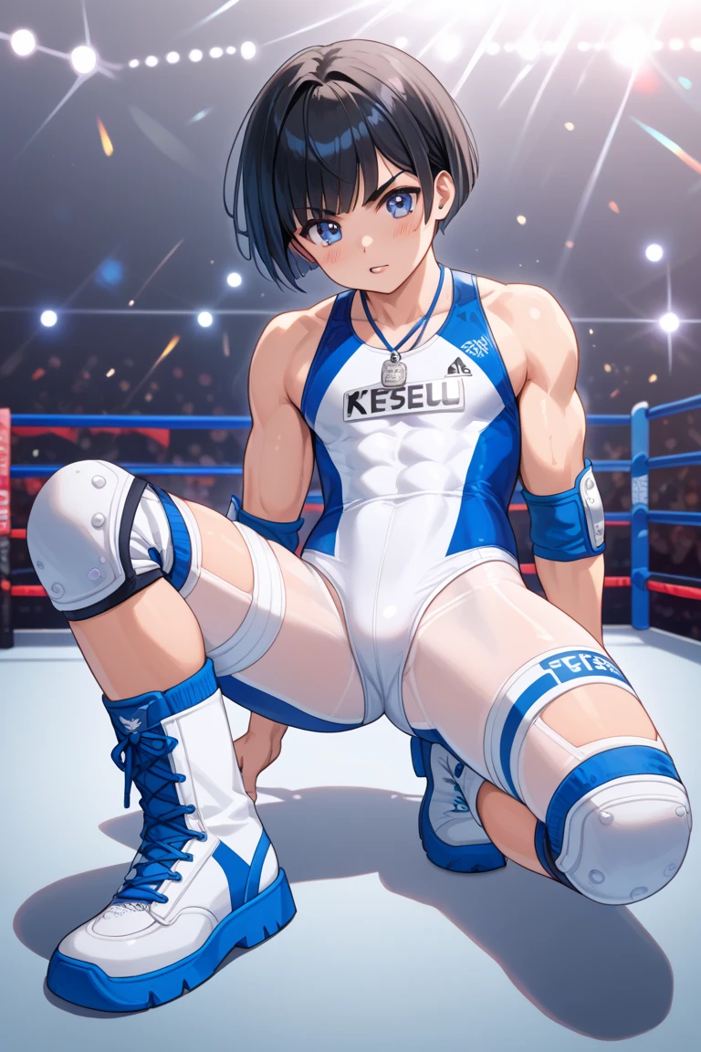 Twink wrestler showing off his dick while sitting on the corner of the turnbuckle of the ring sweating