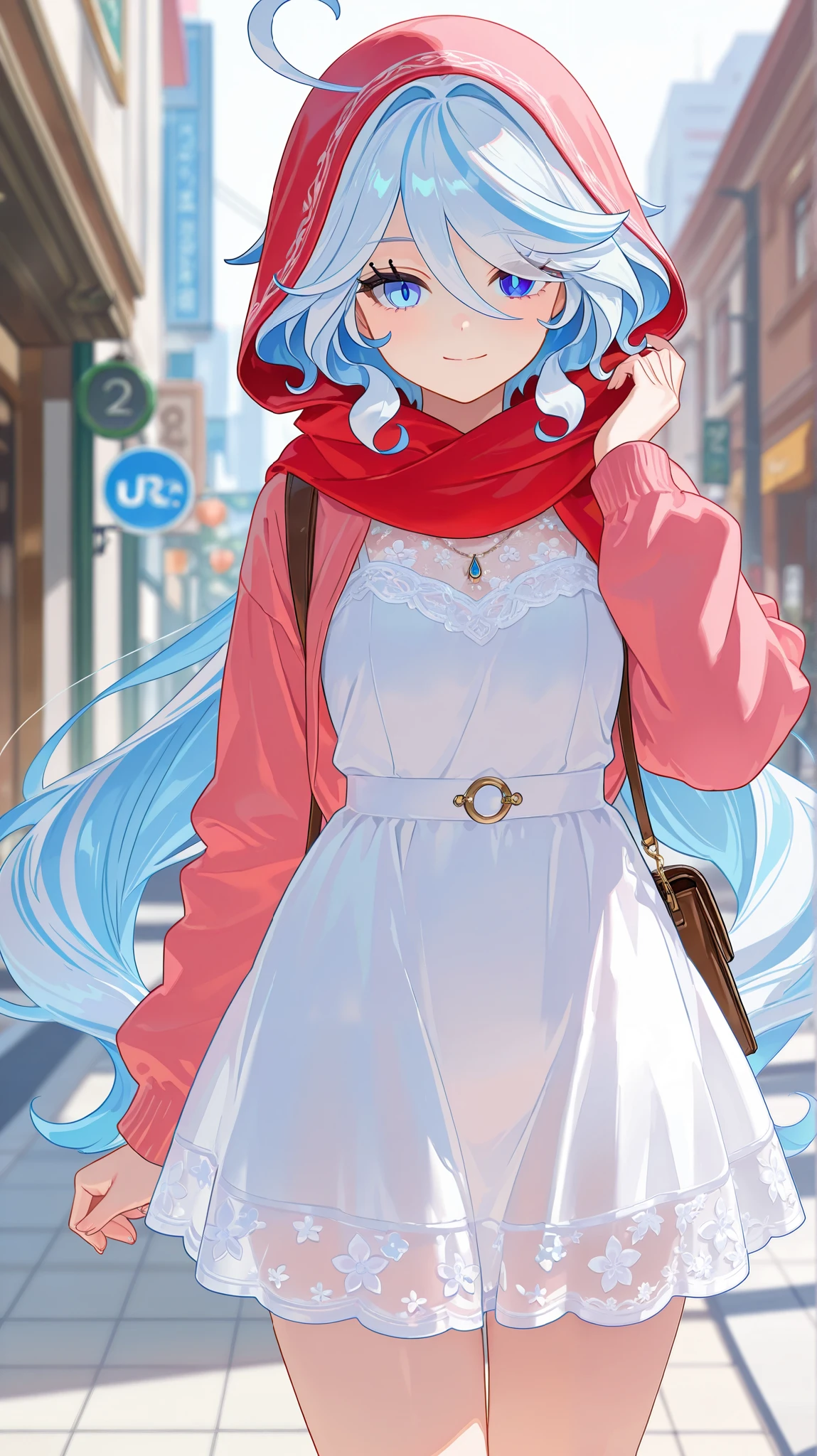 masterpiece, top quality, best quality, official art, beautiful and aesthetic:1.2),(8k, best quality, masterpiece:1.2), (((masterpiece))),(((best quality))),(((extremely detailed))), illustration, who, (masterpiece, top quality, best quality, official art, beautiful and aesthetic:1.2),(8k, best quality, masterpiece:1.2), furina_\(genshin_impact\), 1girl, solo, A high school girl with a pastel white instant hijab. Dressed in a white lace dress with floral details on the sleeves. Walking on a bustling city sidewalk with her head slightly bowed and a faint smile. Her cheeks are flushed and chubby, and she occasionally adjusts her hijab with a shy expression. The background depicts a busy city street with cars and pedestrians. Anime style: Shojo with details of large, glistening eyes and natural lighting effects.