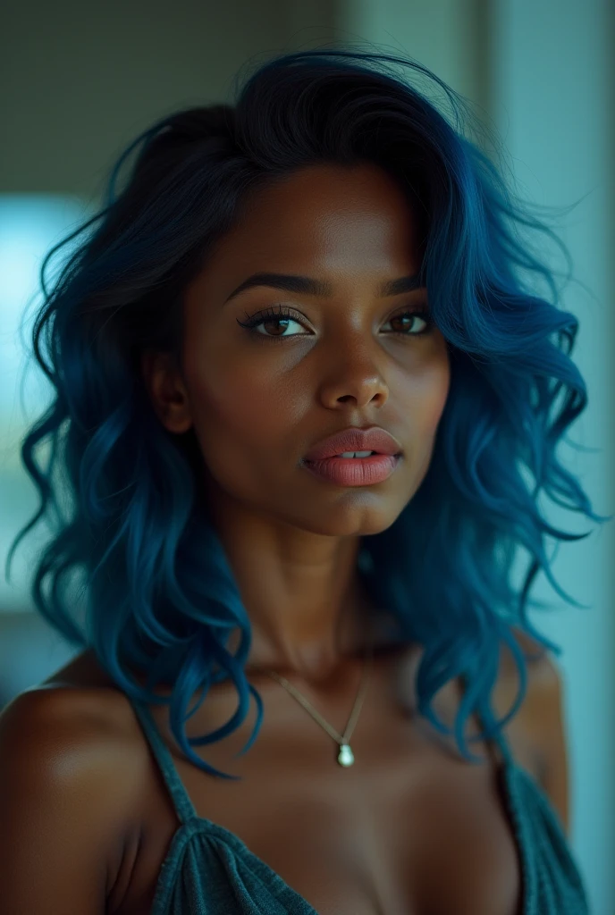 photograph of a 20yo dark skinned black woman, beautiful, gorgeous, sexy, cute, pretty, erotic, long shiny blue hair, pigtails, dimples, pretty brown eyes, long eyelashes, perky lips, 28d breast, big buttocks, petite, manicured fingernails, manicured toenails, torn clothing, tattered clothing, tattered shirt, tattoos, nude, shipwrecked at sea, floating on the water, boat wreckage, rain, thunder, moon, lightning, hurricane, ocean, water, log raft, sharks, fish, full body shot, dramatic angle, extreme angle shot