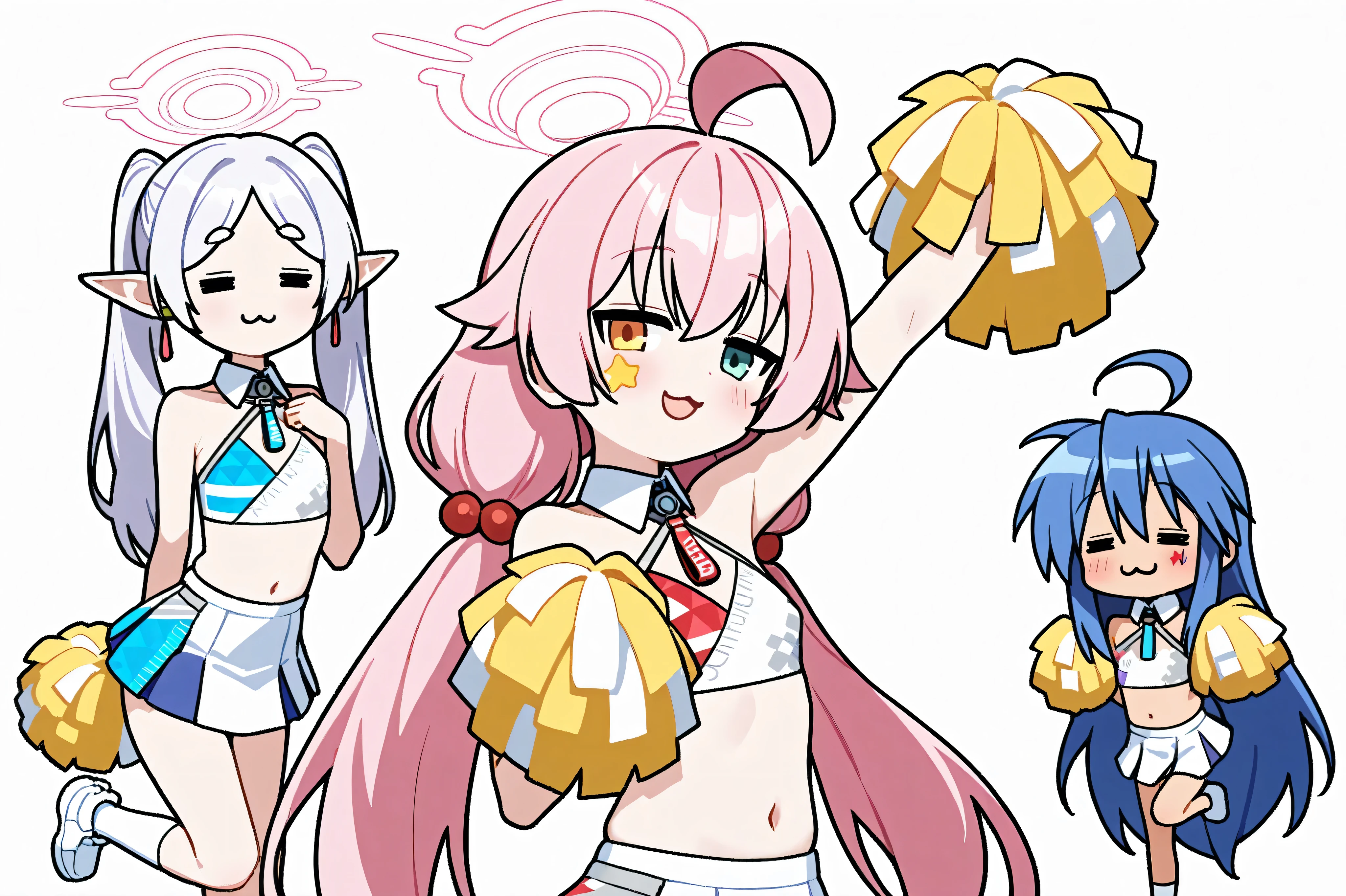 3girls,(=w=, :3, = =, eyes closed),seductive smile,Izumi Konata,frieren,Takanashi Hoshino\(blue archive)\,twintails, {upper body}, {bishoujo}, small chest, millennium cheerleader outfit (blue archive), knee high socks, white socks, one leg up, standing, navel, bare shoulder, bare arms, holding pom pom (cheerleading), looking at viewer, :d, yellow star sticker, sticker on face, blush, from side, simple background, white background