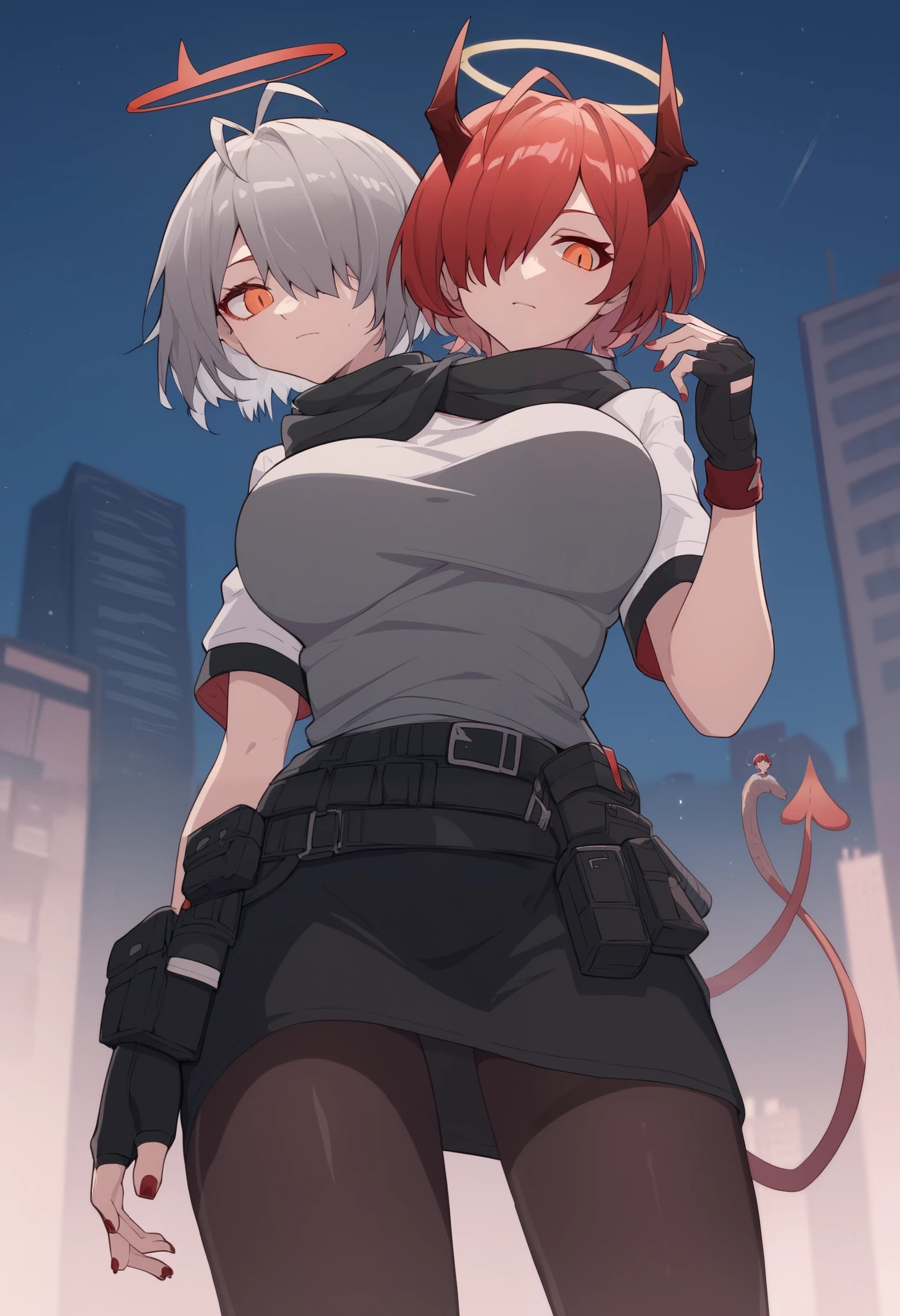 conjoined, 2girls, 2heads, two heads, a tall thin girls with 2 heads, conjoined, exidef, detached wings, energy wings, short hair, red hair, hair over one eye, halo, orange eyes, white jacket, black belt, belt pouch, short sleeves, raglan sleeves, black gloves, fingerless gloves, black skirt, miniskirt, black pantyhose, red hair, w_\(arknights\), red eyes, short hair, grey hair, demon horns, antenna hair, black scarf, black jacket, grey shirt, miniskirt, fingerless gloves, black pantyhose, bandaged leg, red nails, demon tail, large breasts, front shots, city, night,