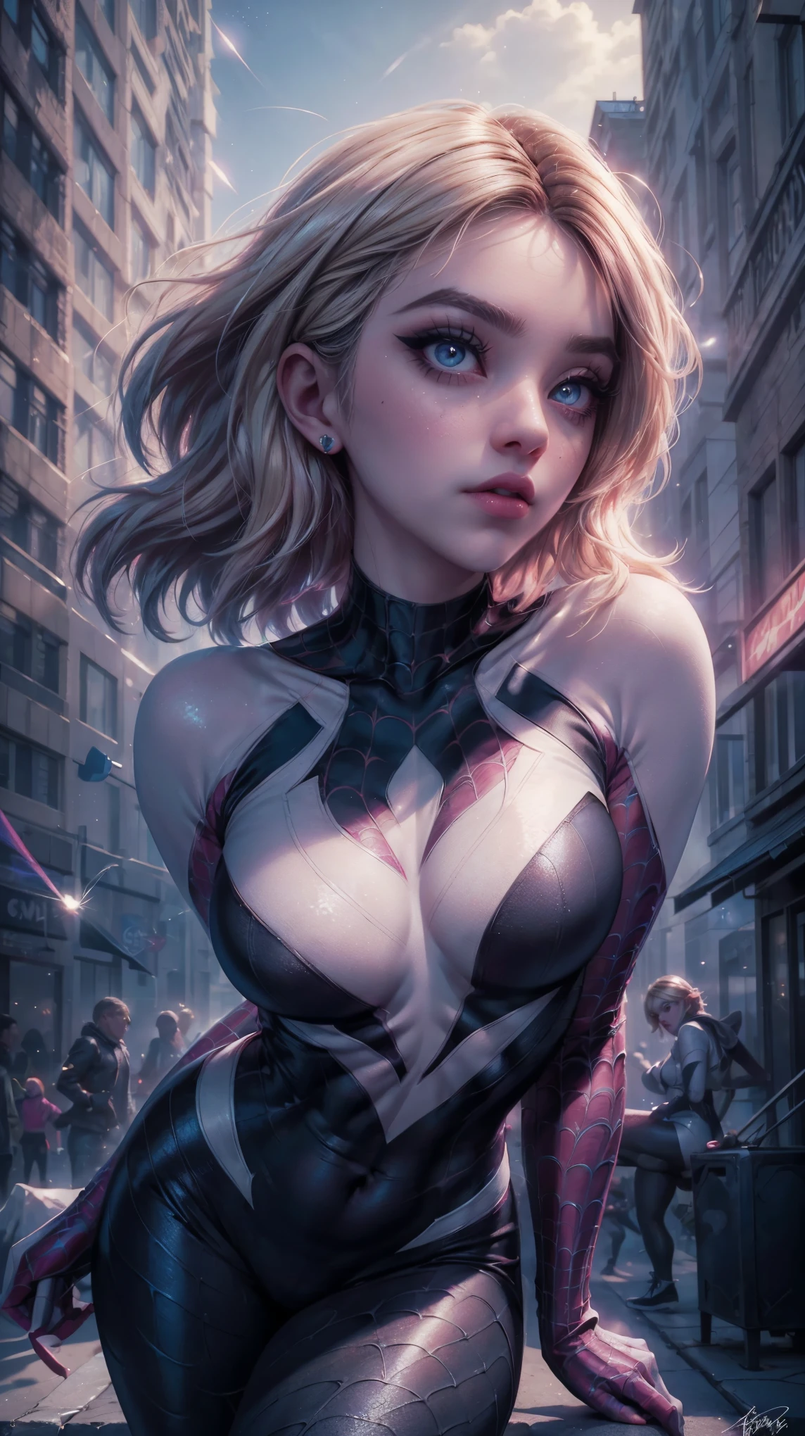 from below, VERY CLOSE, portrait close to the face, raw, Young Girl, pale skin, 1.70 meters in height, gwen stacy, with blond hair with pink highlights, by the bob style, big eyes cristalinos, shiny blue eyes , shiny eyeliner, she is dressed as a spider woman, poses jumping, SHE IS jumping between queen's buildings, poses jumping, Spider Gwen Costume, neckline, Hyperrealistic skin texture, (make-up: 1.1), (big eyes: 1.5), (big breasts: 1.1), (Constriction: 1.2), dynamic pose, curved body, delicate, (top quality, masterpiece, absurd: 1.3), light between buildings, Reflected light, dynamic shadows, (light particles: 1.3), ultra detailed, cobwebs, skyscraper, abroad
