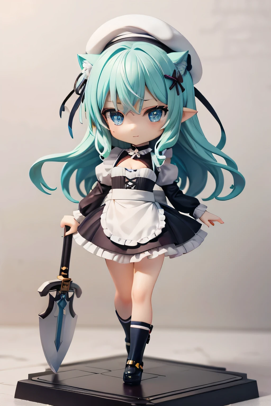 Beautiful girl with long dark blue hair, blue eyes, walking on a narrow path with cosplay Maid, white beret, sword, comienza a blandir la sword y practicar, strong breeze , sakura leaves, white cat, very detailed face, 8K, light and shadow effect. masterpiece, the best quality, fullbody, Chibi, , (change:1.2), Nendoroide, PVC models