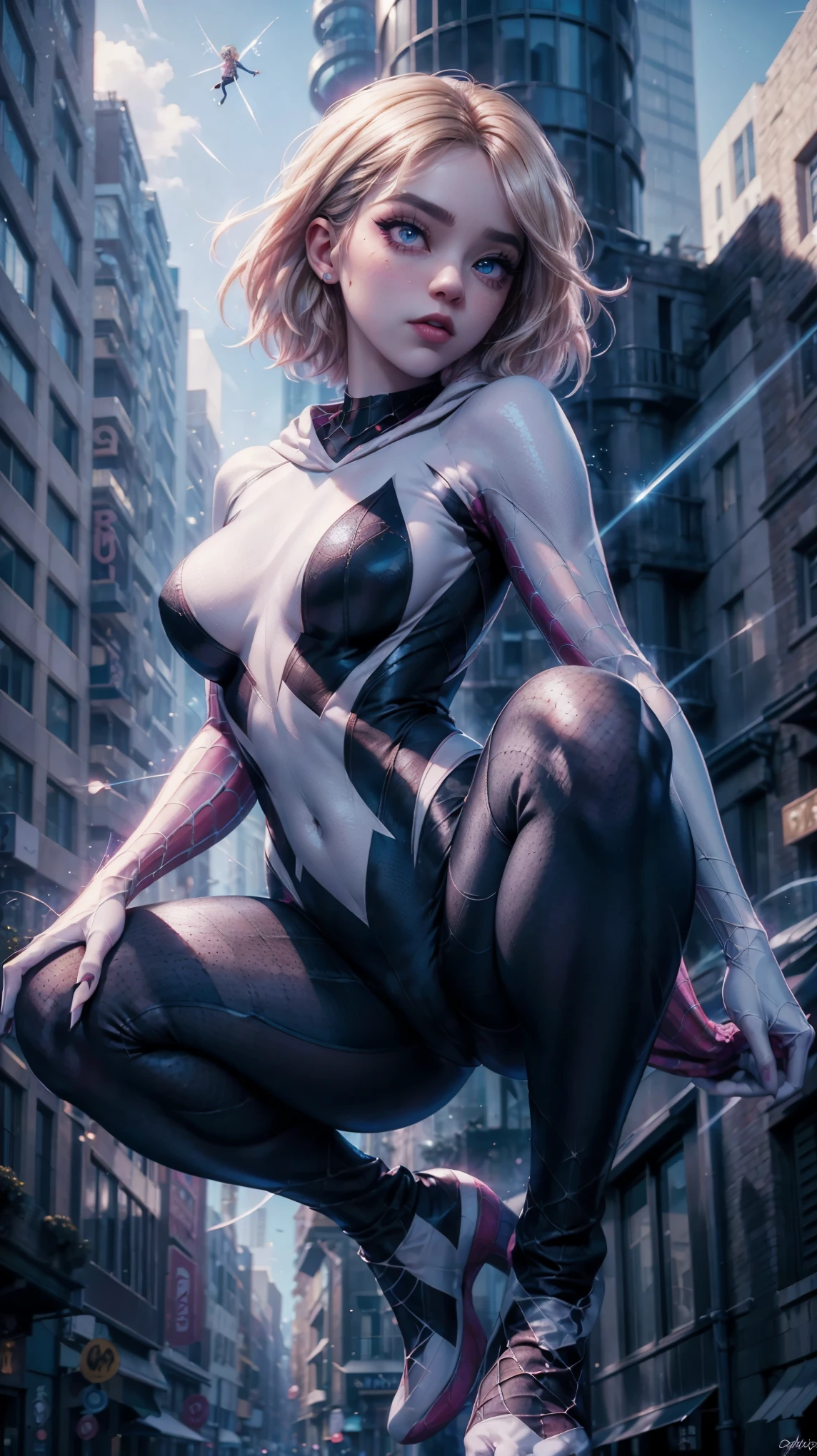 from below, VERY CLOSE, portrait close to the face, raw, Young Girl, pale skin, 1.70 meters in height, gwen stacy, with blond hair with pink highlights, by the bob style, big eyes cristalinos, shiny blue eyes , shiny eyeliner, she is dressed as a spider woman, poses jumping, SHE IS jumping between queen's buildings, poses jumping, Spider Gwen Costume, neckline, Hyperrealistic skin texture, (make-up: 1.1), (big eyes: 1.5), (big breasts: 1.1), (Constriction: 1.2), dynamic pose, curved body, delicate, (top quality, masterpiece, absurd: 1.3), light between buildings, Reflected light, dynamic shadows, (light particles: 1.3), ultra detailed, cobwebs, skyscraper, abroad