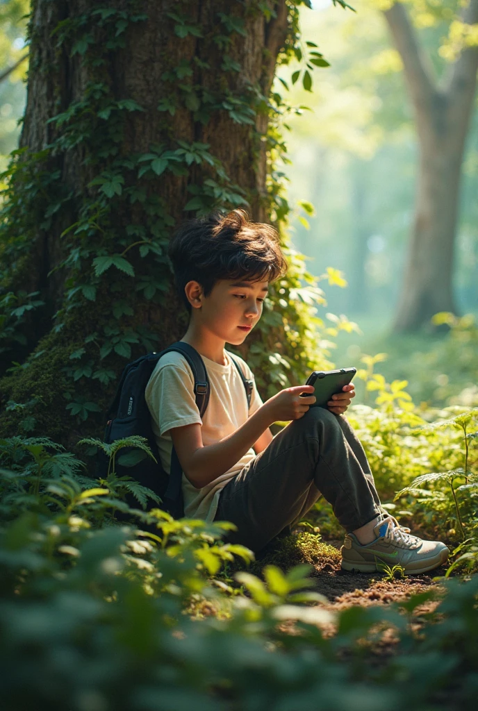 A boy with side-swept hair, dark brown eyes, white clothes, black headband and naik shoes with a tablet