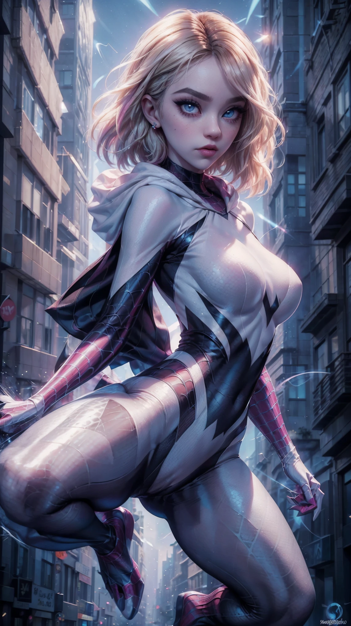 from below, VERY CLOSE, from behind, raw, Young Girl, pale skin, 1.70 meters in height, gwen stacy, with blond hair with pink highlights, by the bob style, big eyes cristalinos, shiny blue eyes , shiny eyeliner, she is dressed as a spider woman, poses jumping, SHE IS jumping between queen's buildings, poses jumping, Spider Gwen Costume, neckline, Hyperrealistic skin texture, (make-up: 1.1), (big eyes: 1.5), (big breasts: 1.1), (Constriction: 1.2), dynamic pose, curved body, delicate, (top quality, masterpiece, absurd: 1.3), light between buildings, Reflected light, dynamic shadows, (light particles: 1.3), ultra detailed, cobwebs, skyscraper, abroad
