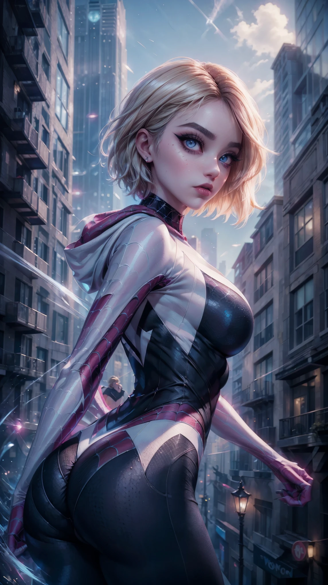 from below, VERY CLOSE, from behind, raw, Young Girl, pale skin, 1.70 meters in height, gwen stacy, with blond hair with pink highlights, by the bob style, big eyes cristalinos, shiny blue eyes , shiny eyeliner, she is dressed as a spider woman, poses jumping, SHE IS jumping between queen's buildings, poses jumping, Spider Gwen Costume, neckline, Hyperrealistic skin texture, (make-up: 1.1), (big eyes: 1.5), (big breasts: 1.1), (Constriction: 1.2), dynamic pose, curved body, delicate, (top quality, masterpiece, absurd: 1.3), light between buildings, Reflected light, dynamic shadows, (light particles: 1.3), ultra detailed, cobwebs, skyscraper, abroad