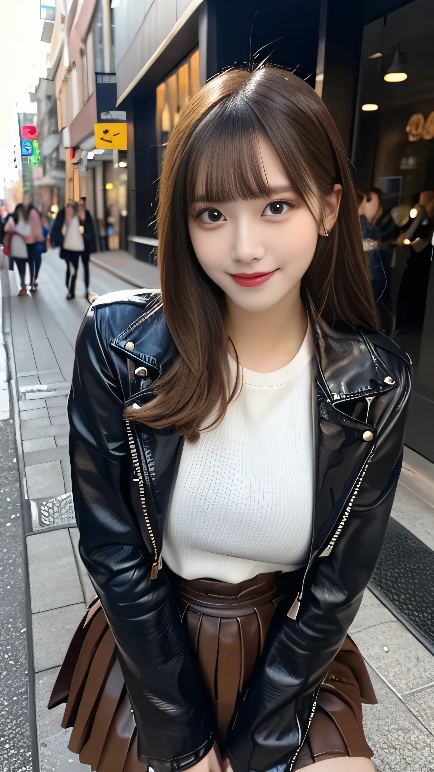 front view:1.5, large breast:1.4, full body photo,((focus on crotch)), she is in a street, standing on a street, one girl, High resolution ,blonde hair, Light Hair Color, sexy, Beautiful eyelashes ,High resolution ,Zoom out ,20-year-old ,Highest quality ,Very detailed ,Finer details ,High resolution ,8k wallpaper ,Beautiful eyes in every detail ,Natural lip color ,very beautiful:1.5, Full body,front view:1.5,looking camera, (riders leather thick Jacket,knee high boots, very high gloss:1.3, brown leather pleated mini thick skirt, Little Devil Smile), curvy thighs:1.5, (a beauty girl, delicate girl:1.3), break, very fine eyes, (symmetrical eyes:1.3), break,brown eyes, parted bangs,best smile, break, (eyes and faces with detailed:1.3), break, (masterpiece, best quality, ultra detailed, detailed face, 8k)