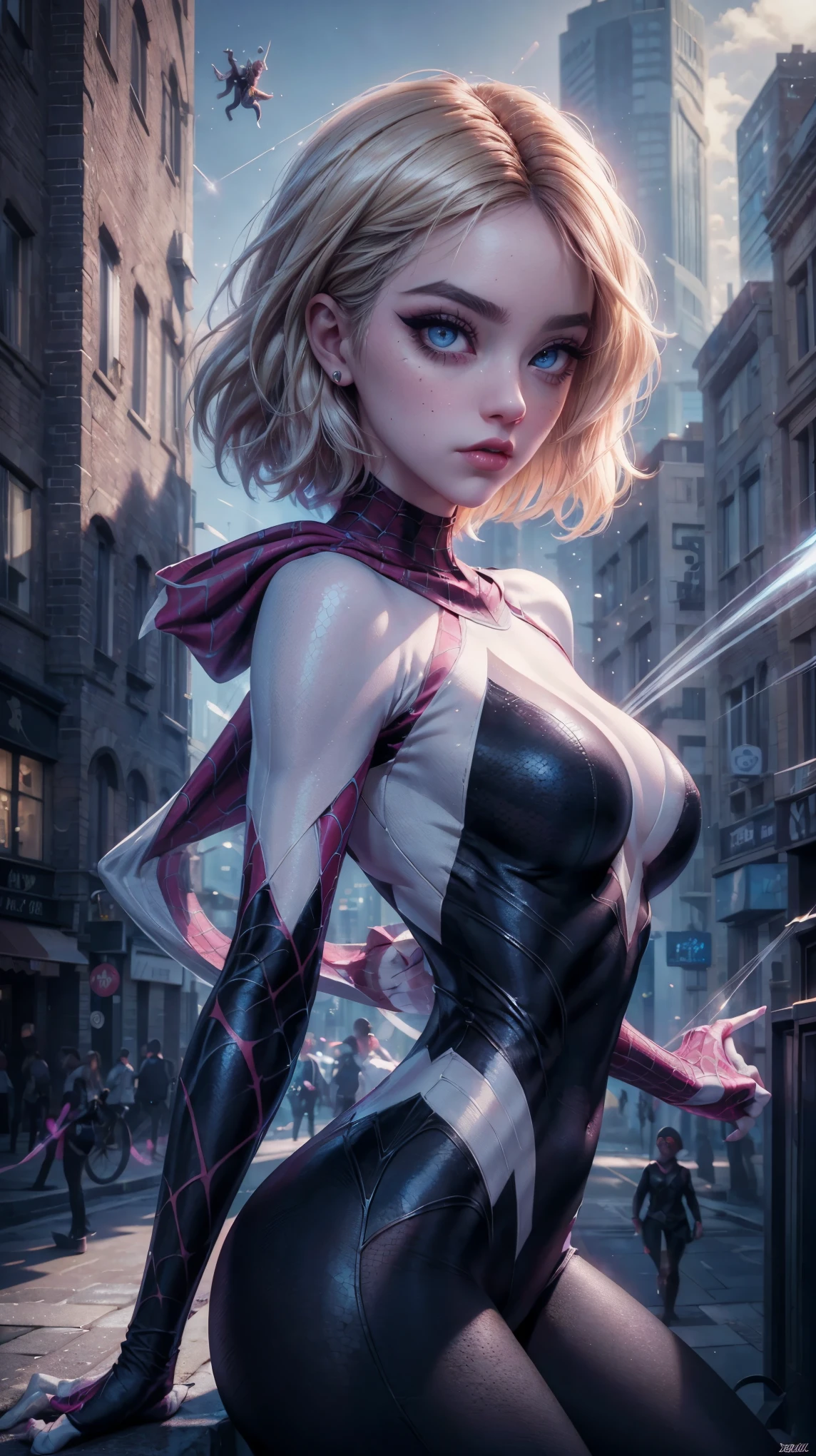 from below, VERY CLOSE, portrait close to the face, raw, Young Girl, pale skin, 1.70 meters in height, gwen stacy, with blond hair with pink highlights, by the bob style, big eyes cristalinos, shiny blue eyes , shiny eyeliner, she is dressed as a spider woman, poses jumping, SHE IS jumping between queen's buildings, poses jumping, Spider Gwen Costume, neckline, Hyperrealistic skin texture, (make-up: 1.1), (big eyes: 1.5), (big breasts: 1.1), (Constriction: 1.2), dynamic pose, curved body, delicate, (top quality, masterpiece, absurd: 1.3), light between buildings, Reflected light, dynamic shadows, (light particles: 1.3), ultra detailed, cobwebs, skyscraper, abroad