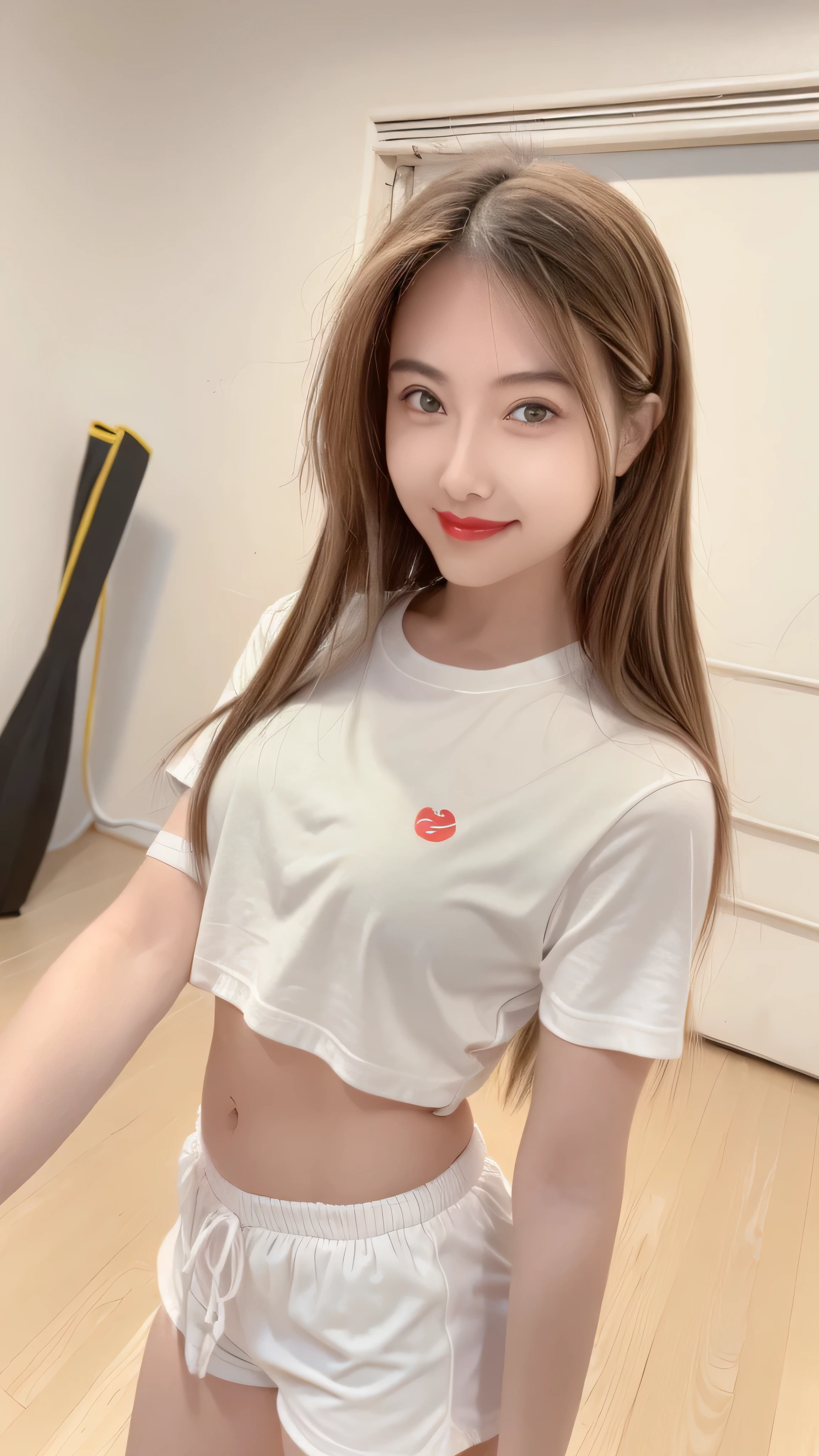highest quality, Full body portrait, Delicate face, 18-year-old girl, Slim figure, Small breasts, White Crop Top T-Shirt,Gymnasium scene, Hall々Stand with,(head shot:1.5)