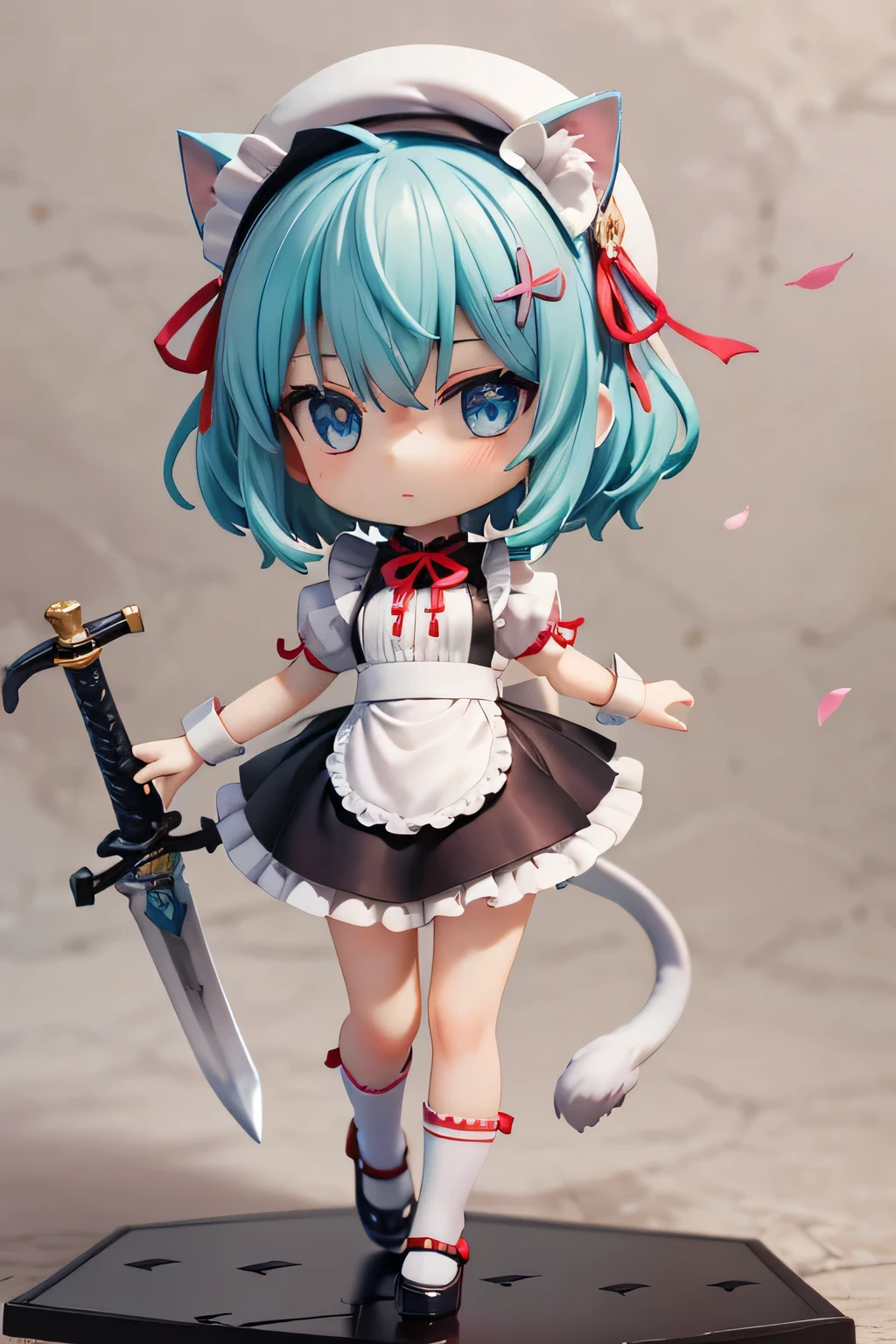 Beautiful girl with long dark blue hair, blue eyes, walking on a narrow path with cosplay Maid, white beret, sword, comienza a blandir la sword y practicar, strong breeze , sakura leaves, white cat, very detailed face, 8K, light and shadow effect. masterpiece, the best quality, fullbody, Chibi, , (change:1.2), Nendoroide, PVC models