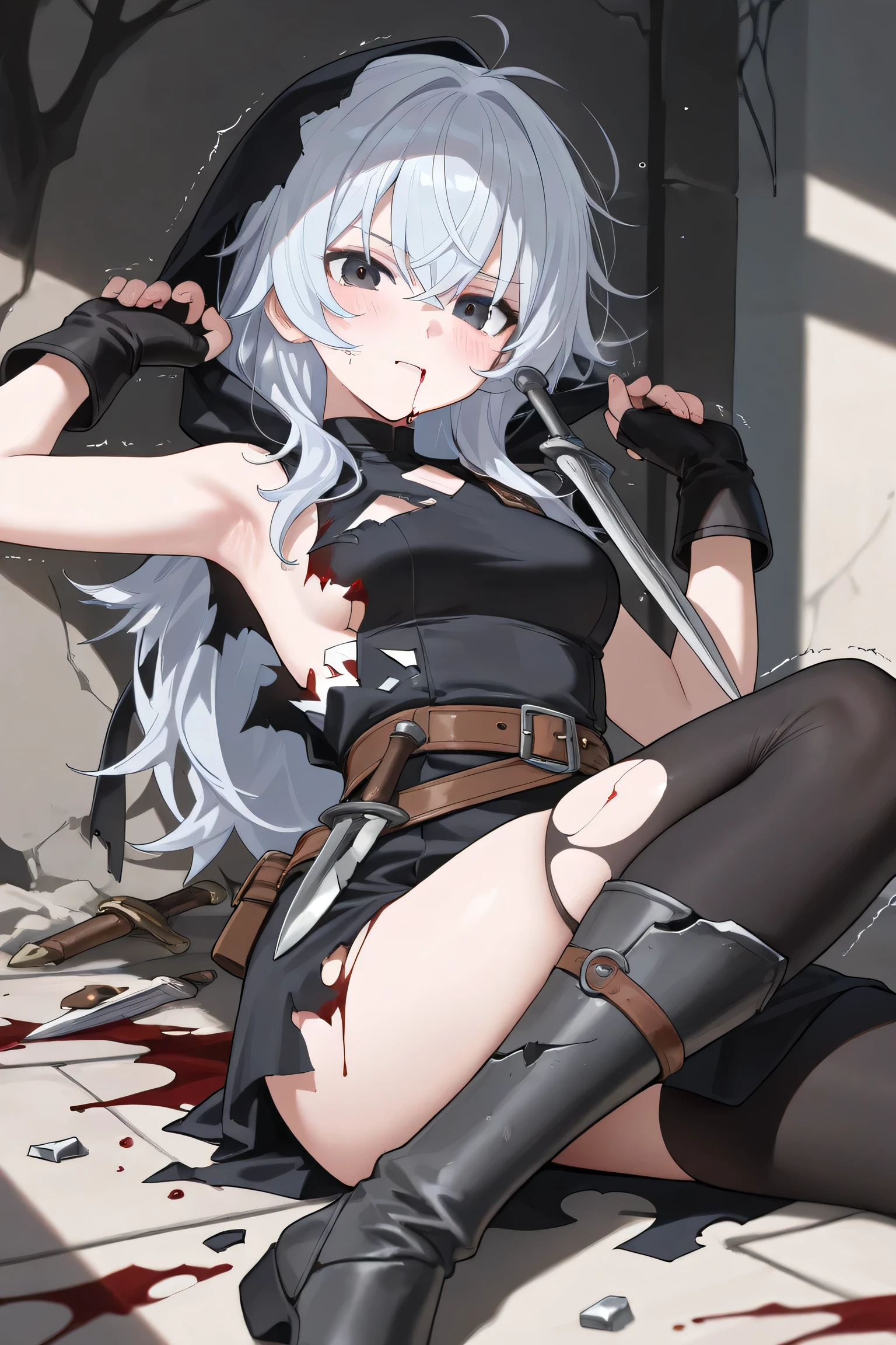 (best quality), (masterpiece), very aesthetic, absurdres, high res, all detailed, realistic, 1girl, (two side up), long hair, silver hair, (red pencil Dress, one side shoulders armor with Cape, red pencil miniskirt), medium cleavage, Gauntlet, boots, [black thigh-highs], [white panties], (injury skin, scar skin, bleeding skin, torn clothes:1.1), Broken Armor, BREAK zettai ryouiki, (standingspreadeagle, chains restrained, \o/, bound limbs), (closed eyes), cry, tears, sigh, blush, sweat, (outdoors, On the ship), cinematic lighting, diffraction spikes, (from below:1.2),