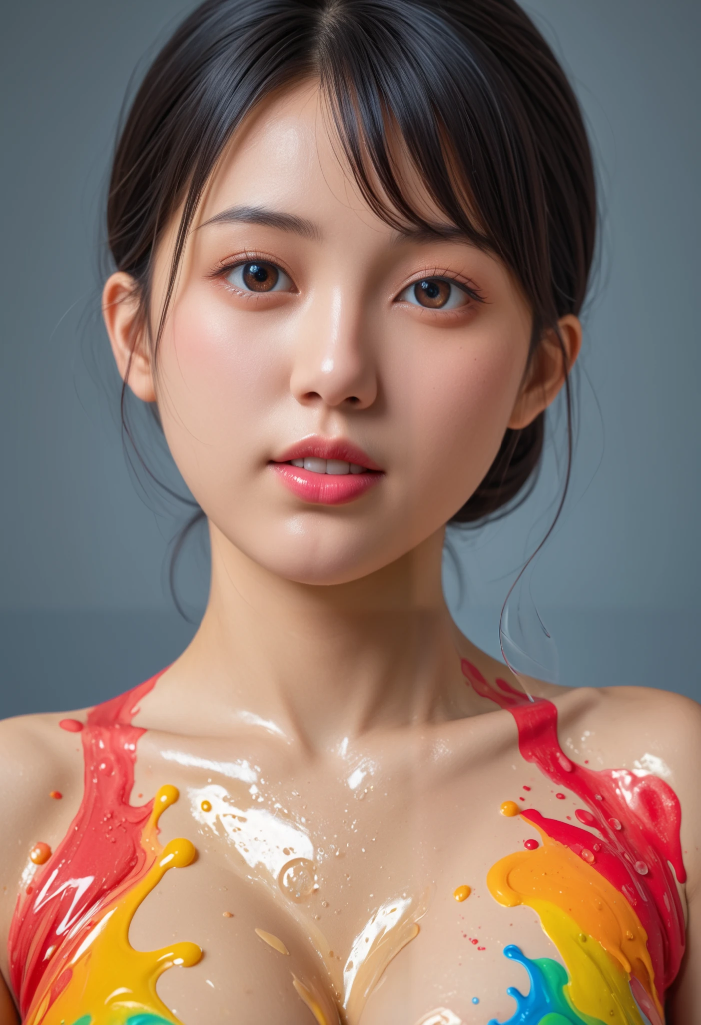 best quality 、high quality 、 highest resolution、High Resolution、8K quality、high definition 、best quality、 masterpiece 、 movie-like images、 Immersive Footage 、 Very realistic looking image 、Realistic Images、 Perfect Details 、 high contrast 、High fidelity、 perfect picture、Close to reality、 images reproduced in detail、Detailed and realistic human body、Detailed and realistic human skin、 Detailed and realistic face、 eyes drawn realistically in detail 、 Realistic lips drawn down to the smallest detail 、 detailed and realistic teeth、Realistic ears、 Realistic hair 、((Japanese models))、(Gravure Idol))、(( High Girls))、((Young Face))、(( black hair))、(( medium rounded chest))、((stylish body ))、(((full bodyオイルまみれの光沢のある肌)))、(((full body)))、(((Liquid Art)))、(((Mucus Art )))、(((full bodyにカラフルなスライミーを塗る)))、(((Apply colorful paint liquid to the body)))、(((paint colorful oil paint all over her body)))、(((full bodyにカラフルなオイルを塗る)))、(((full bodyオイルまみれの光沢のある肌)))、(((body that shines uniformly throughout)))、(((Smoothly oiled body)))、((( Shiny Cleavage )))、(((has her hips brightly illuminated)))、(((Women in Canvas.Women Decorated in Museums)))、(( subject close-up ))