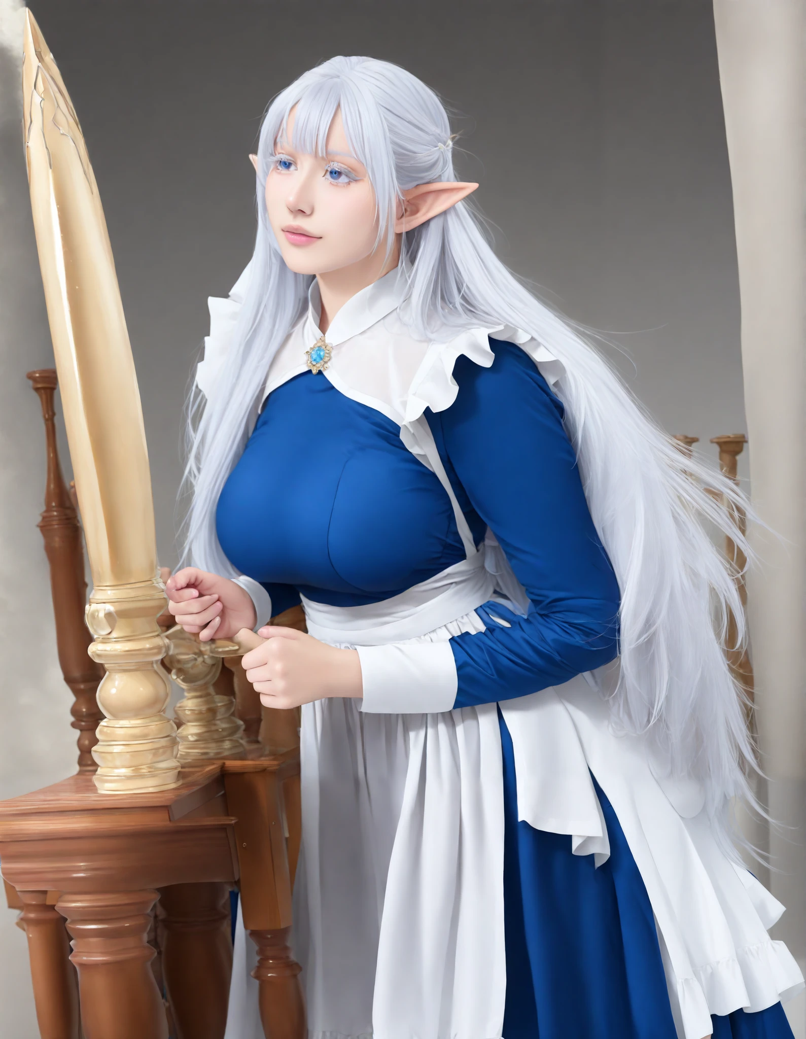 (realistic:1.4), (1girl:1.5), , schnee raizar, blue eyes, white eyelashes, white hair, long hair, large breasts, pointy ears, long blue dress, white apron, long sleeves,