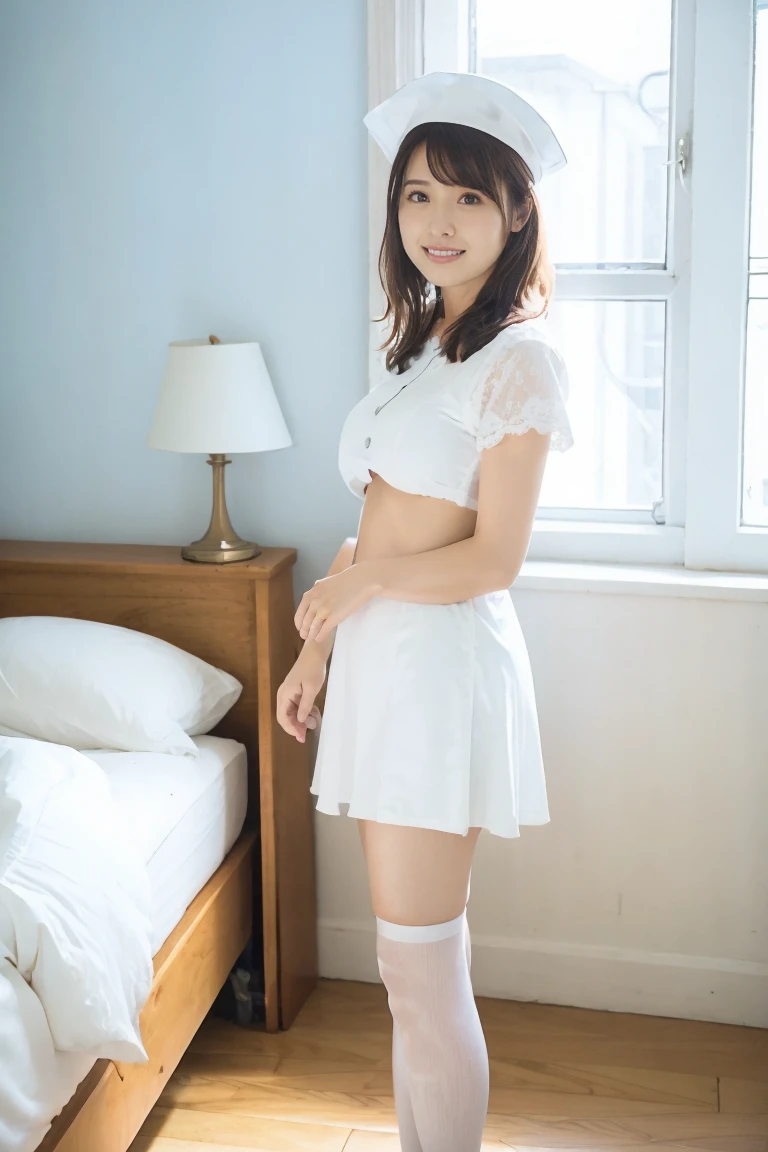 (Best quality: 1.5), (Realistic: 1.5), (1 person: 1.5), full body, Highly detailed, High resolution, 8k, Natural colored lips, Cute smile, Japanese woman, 20-year-old girl, beautiful and elegant features, perfect and beautiful face, large eyes with good balance between the left and right sides, brunette eyes, beautiful and elegant features, beautiful double eyelids, beautiful thin nose, beautiful skin, fair skin, (medium bob hair), natural bangs, perfect and beautiful face, slim face and figure, (looks at the camera with a sweet smile), princess line wedding dress, best Wearing a luxury bridal tiara (wearing a pure white off-shoulder wedding dress), luxury wedding dress, lace white gloves, bridal veil, (White color micro mini skirt dress), (stand with your legs apart:1.2), (skirtlift:1.2), Hold up the hem of your skirt with your hands, (Sexy Panties:1.2), Medium breasts, Beautiful standing posture, The best lighting,