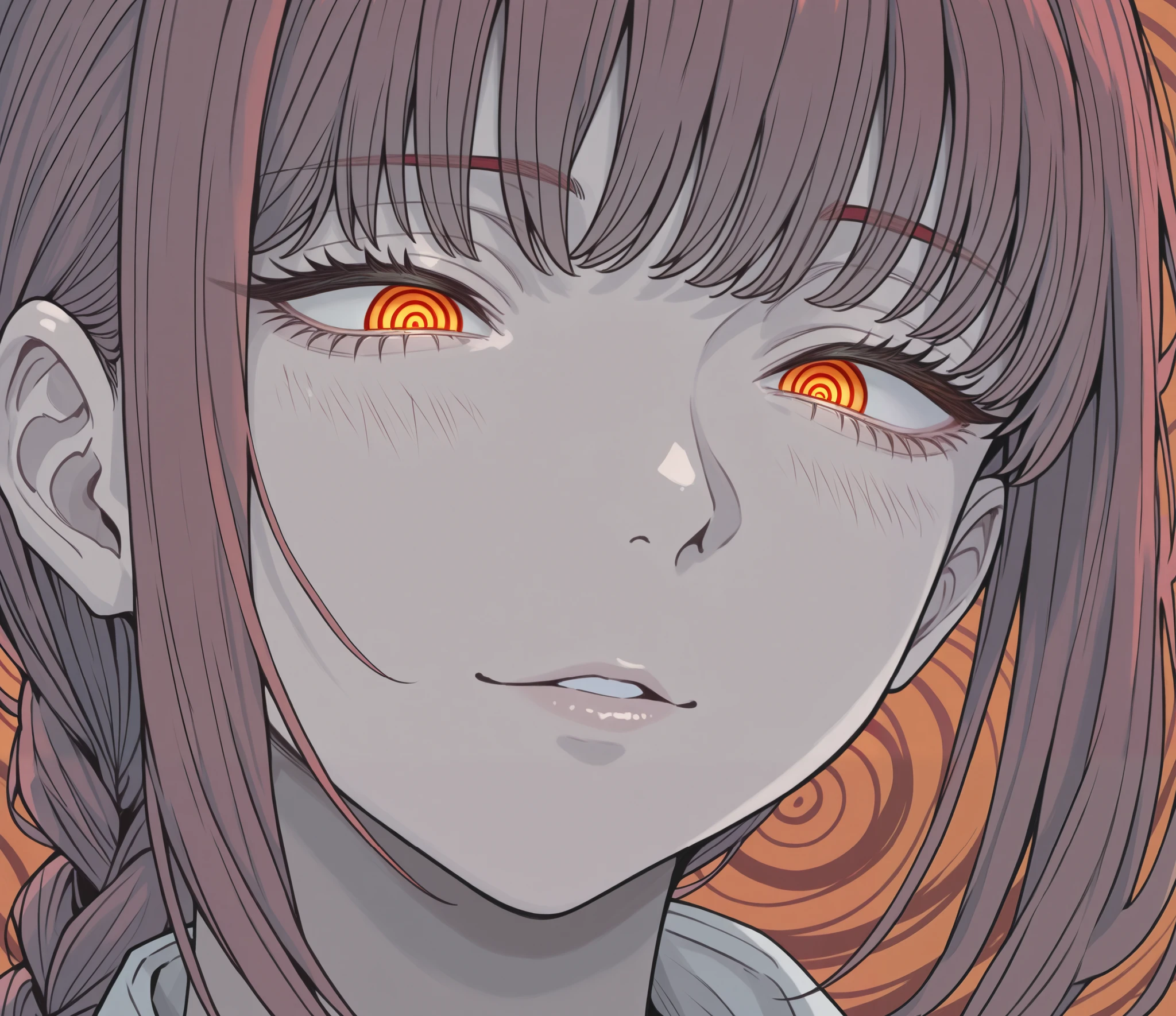 Makima, Chainsaw Man, Spiral orange eyes,  red hair, fair skin, digital art,  strong traits, orange background