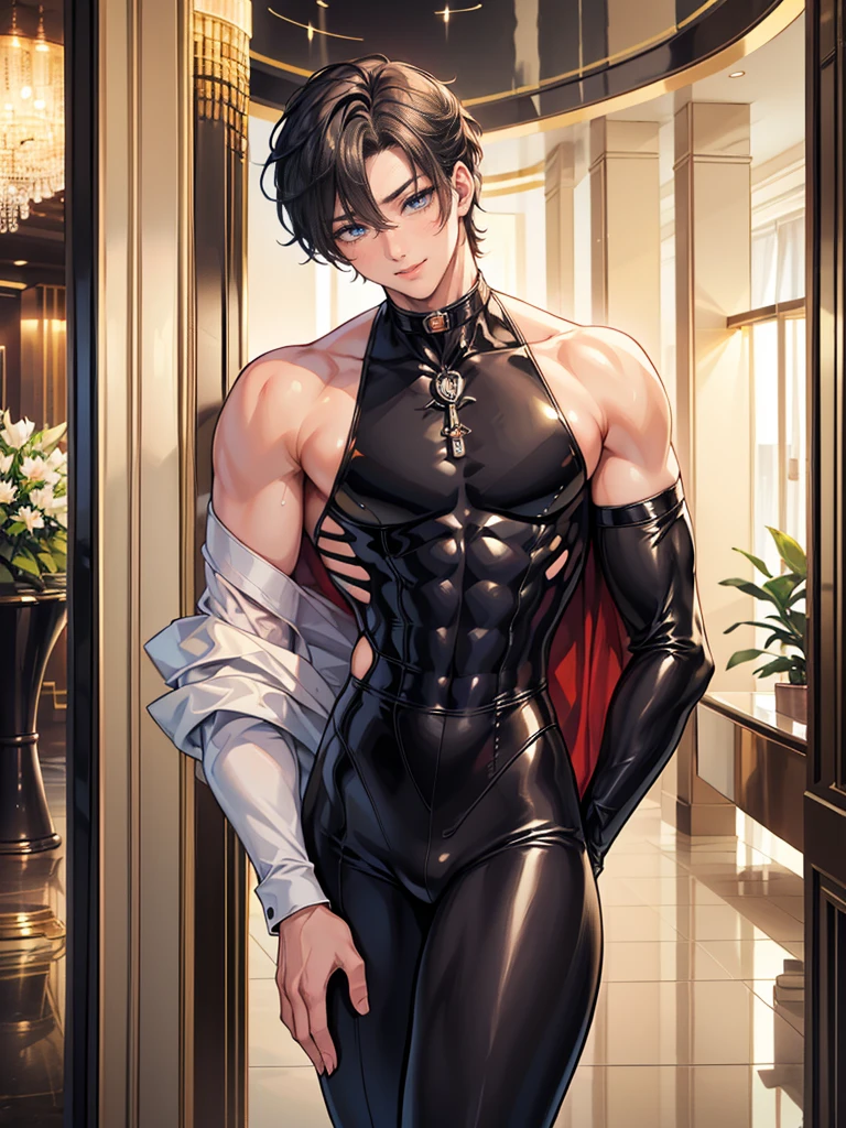 Handsome male, black hair, long hair, emerald eyes, detailed body, detailed hands, black shirt, black pants, standing in the door, nightfall, huge bulge in pants, horns, piercings, long sleeve shirt, manly, arrogant expression, buff man, handsome, roman nose