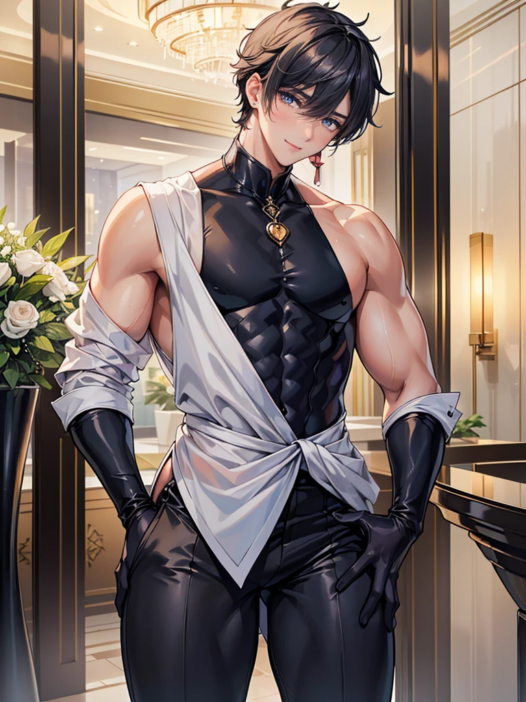Handsome male, black hair, long hair, emerald eyes, detailed body, detailed hands, black shirt, black pants, standing in the door, nightfall, huge bulge in pants, horns, piercings, long sleeve shirt, manly, arrogant expression, buff man, handsome, roman nose