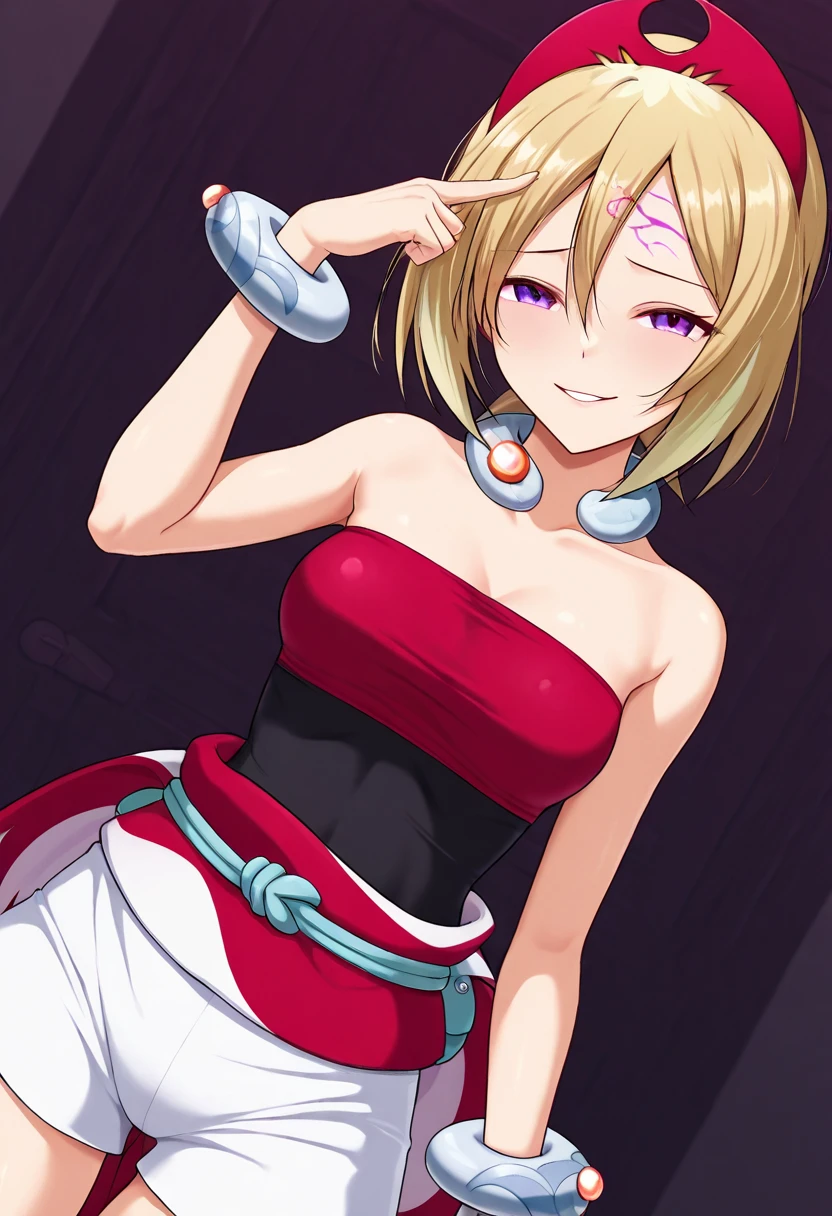 1 girl,(It looks like you're being mind-controlled, is unlocked ,Consciousness Has Been Taken Over),Pokemon Irida, Pokemon Irida, blonde hair, purple eyes, o, medium hair,
bracelet, above Decorati has , jewelry, collar , red headwear, red shirt, band, shirt, SHORTS, Strapless, Strapless shirt, waist cape, white SHORTS,Kobushi, Dutch Angle,(Hypnotic:1.3),(No Eye Highlights), insane smile,A grinning expression,place the index finger of one hand on your head,Eye crest on forehead,( no characters),in caves
