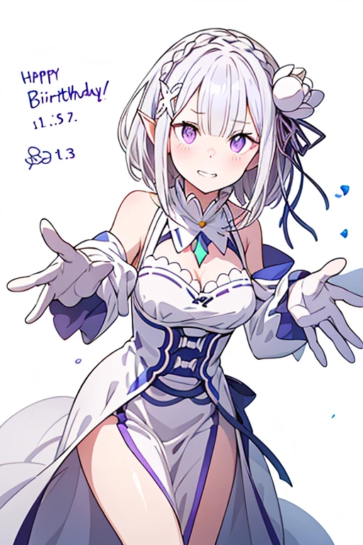 standing, blush, <lora:labrynthv2-000006_character:1> labrynth, grey hair, grey eyes, large breasts, horns, cleavage, white dress, white elbow gloves, smile, abstract background, spoken heart, facing viewer, heart-shaped pupils,, <lyco:GoodHands-beta2:1.0>