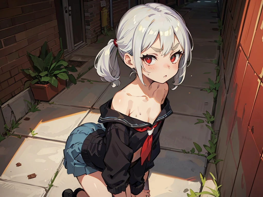 Young girl with grey hair, ((fringed and curly hair)),((curly short twintail)), curly hair ,(red eyes),, ((small bushy eyebrows)), wearing gothic lolita clothing, lolicon , to school, bored eyes, bored face (Zankuro) drawing style by zankuro artist, Zancrow style, image uploaded in R34, walking in the mall, flirty smile , suddenly having sex in public, ((doggy style sex)), ((public sex )) naked ass in the male crotch, old man , ((being raped by a decrepit old man in a dirty alley,  ((male pov))