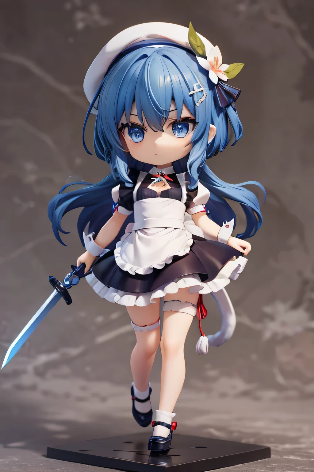 Beautiful girl with long dark blue hair, blue eyes, walking on a narrow path with cosplay Maid,  white beret, sword, comienza a blandir la sword y practicar, strong breeze , sakura leaves, white cat, very detailed face, 8K, light and shadow effect. masterpiece, the best quality, fullbody, Chibi, , (change:1.2), Nendoroide, PVC models 