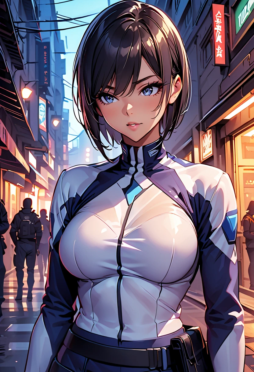  (pretty girl, 2, brunette, black eyes) at cyberpunk world dressed as futuristic law enforcer, (full lips) , ((perfect face)), [[mild smile]], proportionate body,mixed herritage, beautyfull, beautyfull face, tanned skin, two arms, two legs, five fingers by hand, (curly black long hair), ( holographic screen floating at air), (night) night skyline, neon, people, (lasergun), futuristic gun, goggles, futuristic police stuff, jacket, badass, [cyborgs], (drone at background), police chopter at background, screens at buildings side, [photo taken from behind], (award winning photo), (instagram influencer photo), (realistic), nikon, canon, Sigma 85mm f/8
