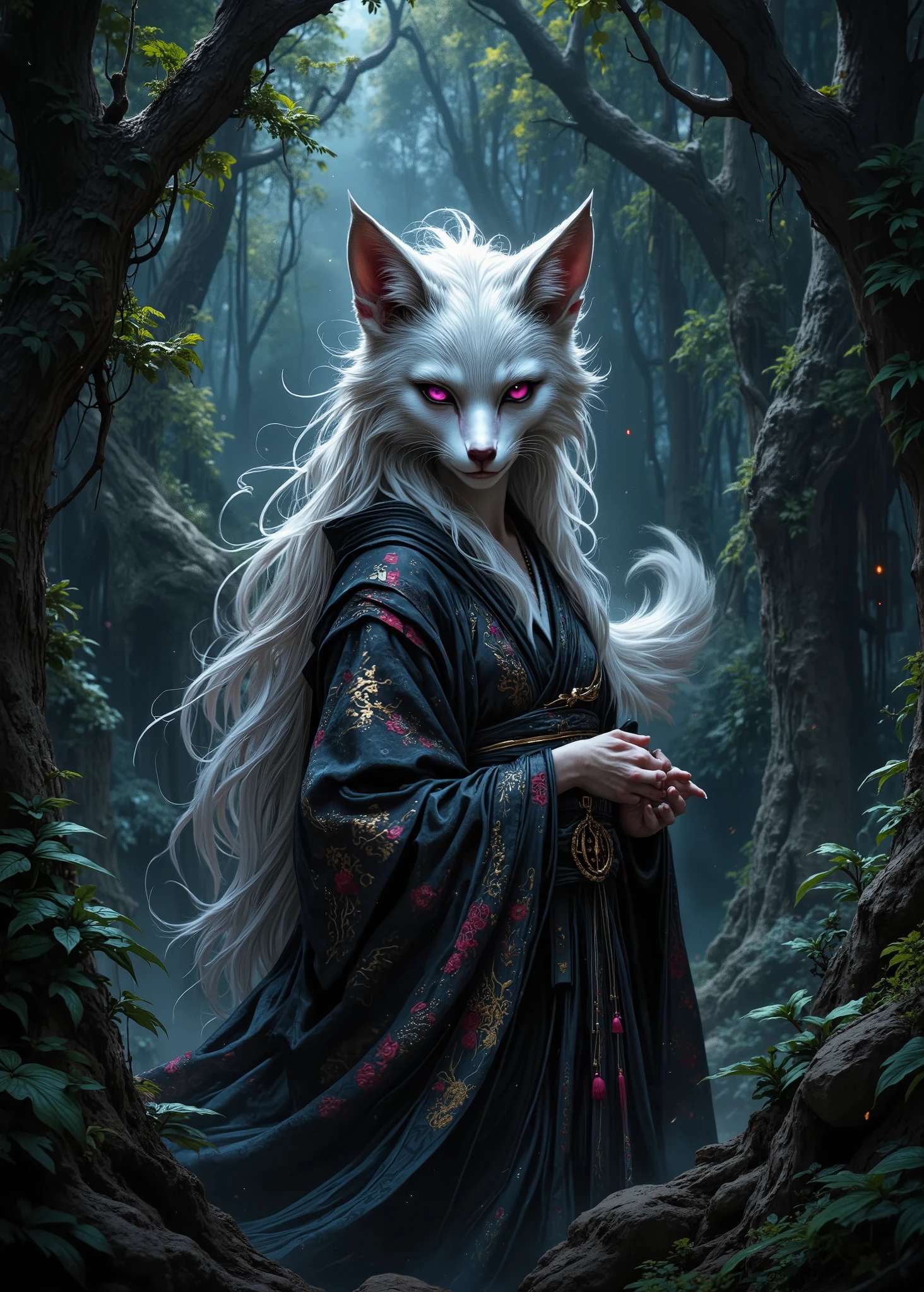 Japanese Yokai、The white fox turned into a human、pink blush with purple eyeshadow、wearing a shrine maiden costume、 into the dark forest、movie light、 realistic