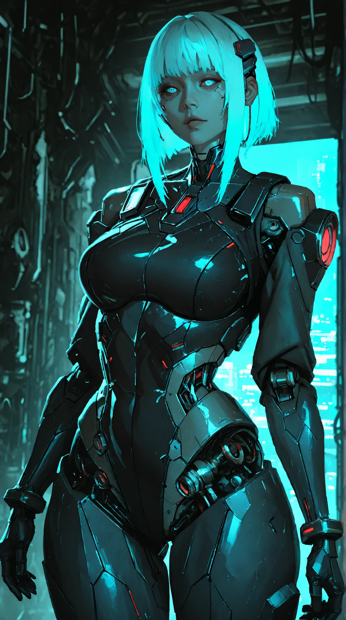 ((whole body):1.5) naked,naked tits,breasts hanging, (({1/20 years}):2). only {1/20 years woman}:((in futuristic black clothes, with blue mechanical parts):1.3). only {1/20 years old}: ((he has very big breasts):1.5). only {1/20 years old}:((has light blue eyes, very short dark green hair):1.3), looks at the viewer with ((face of despair and veins on the forehead):1.3), ((posing with a futuristic rifle):1.5). in the lab ((full of evil robots made of pure metal): 1.6), все роботы гонятся only за {1/20 years}) who is worth. anime, anime style, 16 thousand., a high resolution, ((Best quality, high detail: 1.5)), UHD, ((masterpiece)), cartoon, real, Fantasy