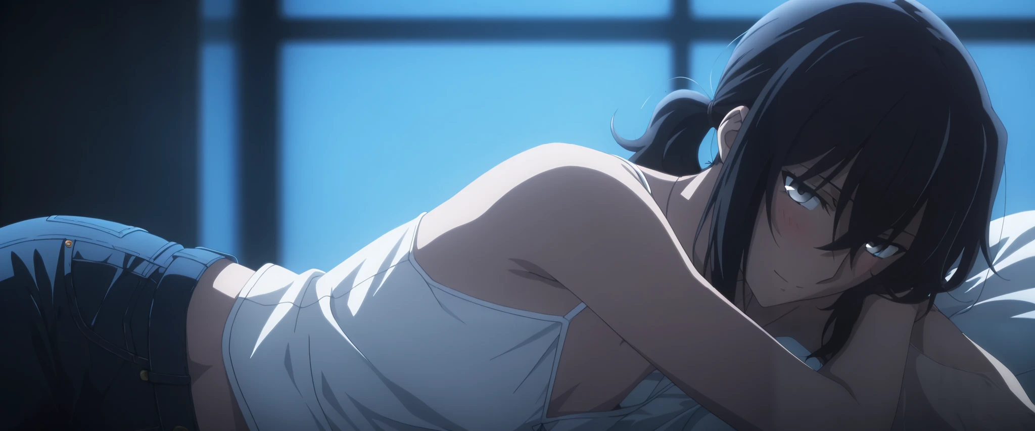 (You are sitting in front of him, with your legs stretched towards the floor and your hands at your sides (to the sides), with palms resting on the bed)