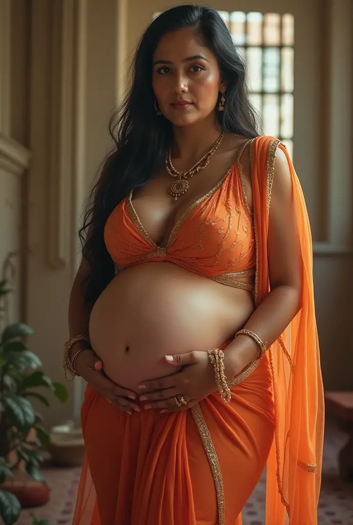 a RAW Photo of girl, (masterpiece:1.1), best quality, ultra high res, high detailed, (photorealistic:1.4), sharp, face detail, (eyebrow piercing:1.1), detailed eyes, detailed face, tied hair:1.2), (huge breasts:1.1), (huge pregnant),indian wedding in background ,yellow saree, (Huge ass:1.1),