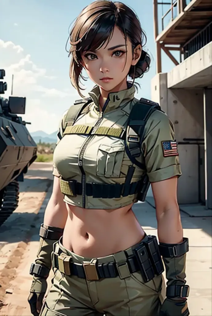 Sarada , army , army pants , army T-shirt , gun , army car , out door gym , sand , best quality , masterpiece , 8k , best illustration
