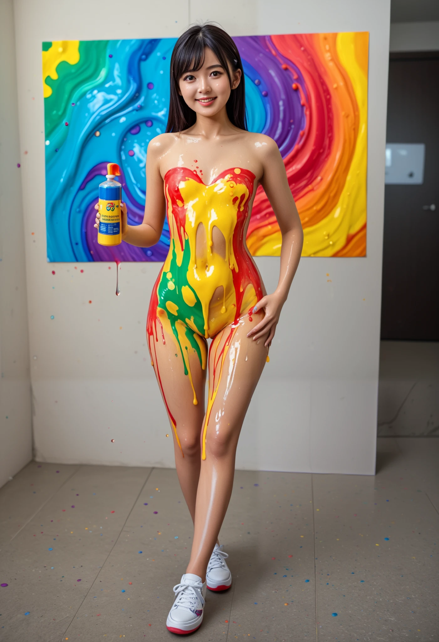 best quality 、high quality 、 highest resolution、High Resolution、8K quality、high definition 、best quality、 masterpiece 、 movie-like images、 Immersive Footage 、 Very realistic looking image 、Realistic Images、 Perfect Details 、 high contrast 、High fidelity、 perfect picture、Close to reality、 images reproduced in detail、Detailed and realistic human body、Detailed and realistic human skin、 Detailed and realistic face、 eyes drawn realistically in detail 、 Realistic lips drawn down to the smallest detail 、 detailed and realistic teeth、Realistic ears、 Realistic hair 、((Japanese models))、((s))、(( elementary school girls))、((Young face))、(( black hair))、(( small flat chest))、(( body type))、(((full bodyオイルまみれの光沢のある肌)))、(((full body)))、(((Liquid Art)))、(((Mucus Art )))、(((full bodyにカラフルなスライミーを塗る)))、(((Apply colorful paint liquid to the body)))、(((paint colorful oil paint all over her body)))、(((full bodyにカラフルなオイルを塗る)))、(((full bodyオイルまみれの光沢のある肌)))、(((body that shines uniformly throughout)))、(((Smoothly oiled body)))、((( Shiny Cleavage )))、(((has her hips brightly illuminated)))、(((the woman in the photo.The woman in the poster)))、(( subject close-up ))