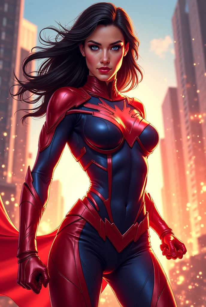 Stretcher superheroine, elastic woman, white and red spandex, stretching powers, rubber body, brunette, large breasts, city street, daytime, heroic