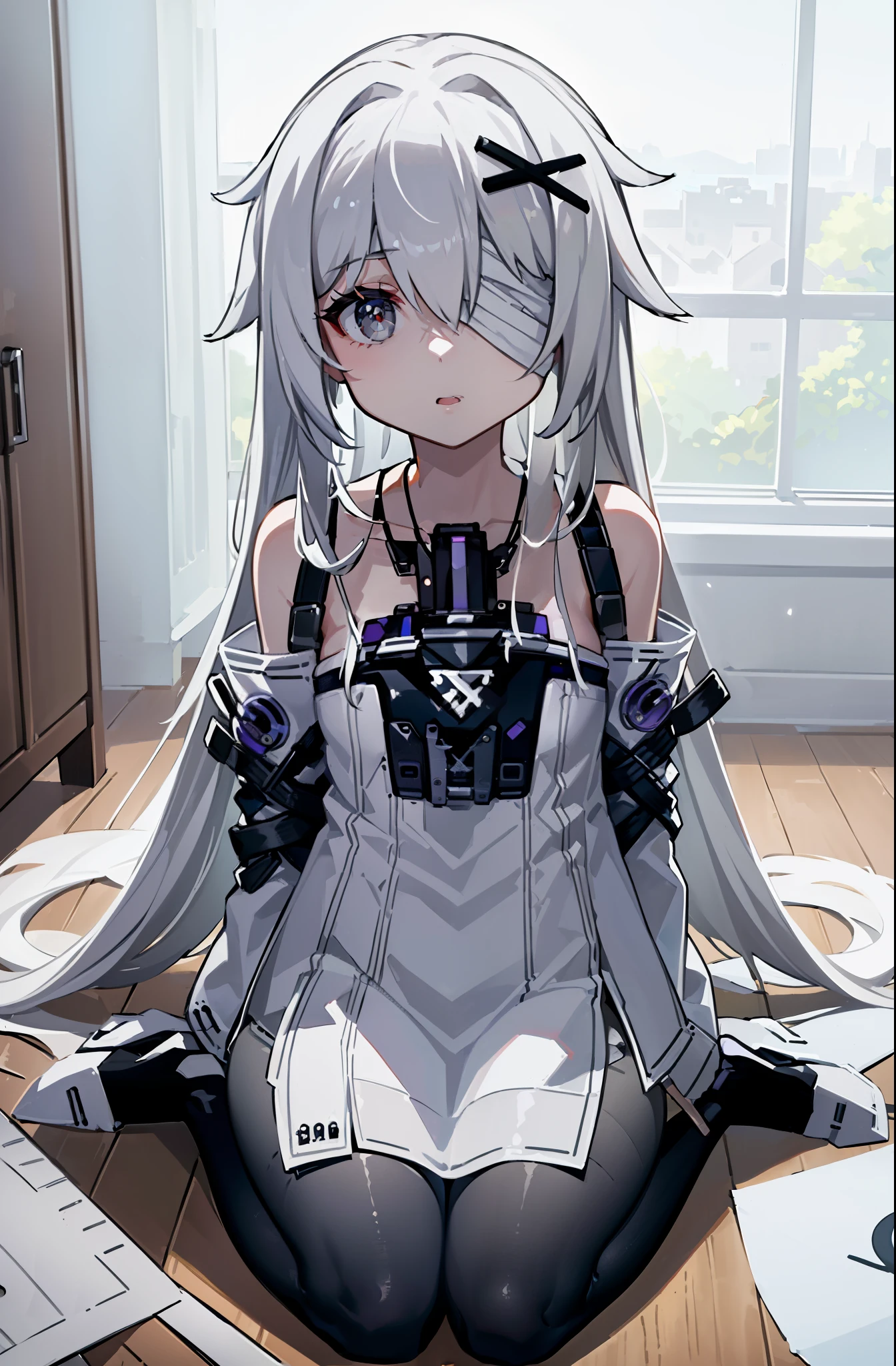 (best quality:1.3), (masterpiece:1.3), (illustration:1.3), (ultra-detailed:1.3), 1girl, solo, white hair, long hair, (((gray eyes, bandage over one eye,))) white dress, suspenders, bare shoulders, detached sleeves, sleeves past fingers, gradient leggings, black pantyhose, hair ornament, x hair ornament, indoors, sitting, close up, from front, reaching for viewer,