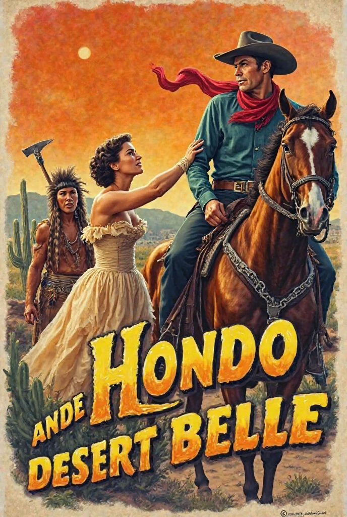 Affiche de film western classique, pleine de clichés. Au centre, une femme en robe longue et corset est en détresse, avec une expression apeurée, alors qu'un Amérindien stéréotypé avec une coiffe de plumes et un tomahawk l'attaque. Sur la droite, un cowboy héroïque surgit sur son cheval, revolver au poing, prêt à la sauver. Il porte un chapeau de cow-boy, une chemise à franges et un foulard rouge. L'arrière-plan montre un désert avec des cactus, un soleil couchant orange et une ville western poussiéreuse au loin. Le titre du film est affiché en grosses lettres avec une typographie rétro western avec écrit " Hondo and the Desert Belle: Love in Peril in the Wild West". Style dramatique et cinématographique, avec une composition dynamique rappelant les affiches des vieux westerns hollywoodiens.