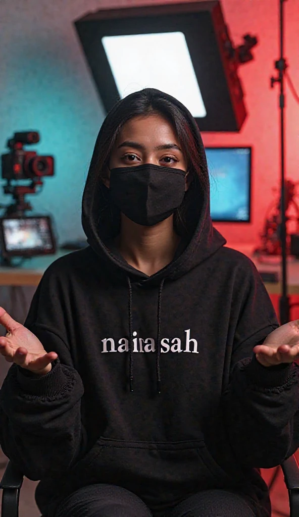A indonesian pretty girl, wearing a cream hoodie with a strong vector design featuring a silhouetted image of a five-fingered palm in white colour with love and light. The phrase "ELENG LIMO WEKTU" in down, is displayed in bold simple elegand, distressed typography with pastel colours, while holding her long skirt, hijab, one-handed pose pointing upwards,  in a public place, surrounded by many men, big and sexy breasts, jav idol, with a frontal shooting angle, very realistic, (complex detail: 0.9), (hdr, hyperdetail: 1.2), RAW, Sony Alpha a9 II, 24-105mm f/4, HDR,