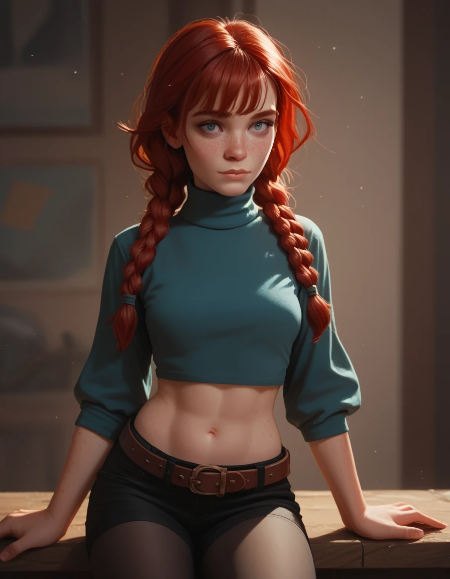 (8k, RAW photo, highest quality),(epic realistic:1.5), a girl, dynamic posture,erotic face,shirt,(detailed eyes:0.8),(looking at the camera:1.4), (highest quality), (best shadow),intricate details,cinematic,((skin:1.4)),interior, (long ponytail ginger hair:1.3),dark studio,(hdr:1.5),detailed, muted colors, freckles