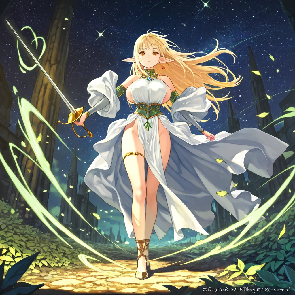a woman in a yellow dress is standing on a rock, alluring elf princess knight, portrait knights of zodiac girl, elf princess knight, blonde anime girl with long hair, elf princess, elf girl, anime goddess, cushart krenz key art feminine, anime girl with a bow and arrow, blonde - haired princess, keqing from genshin impact