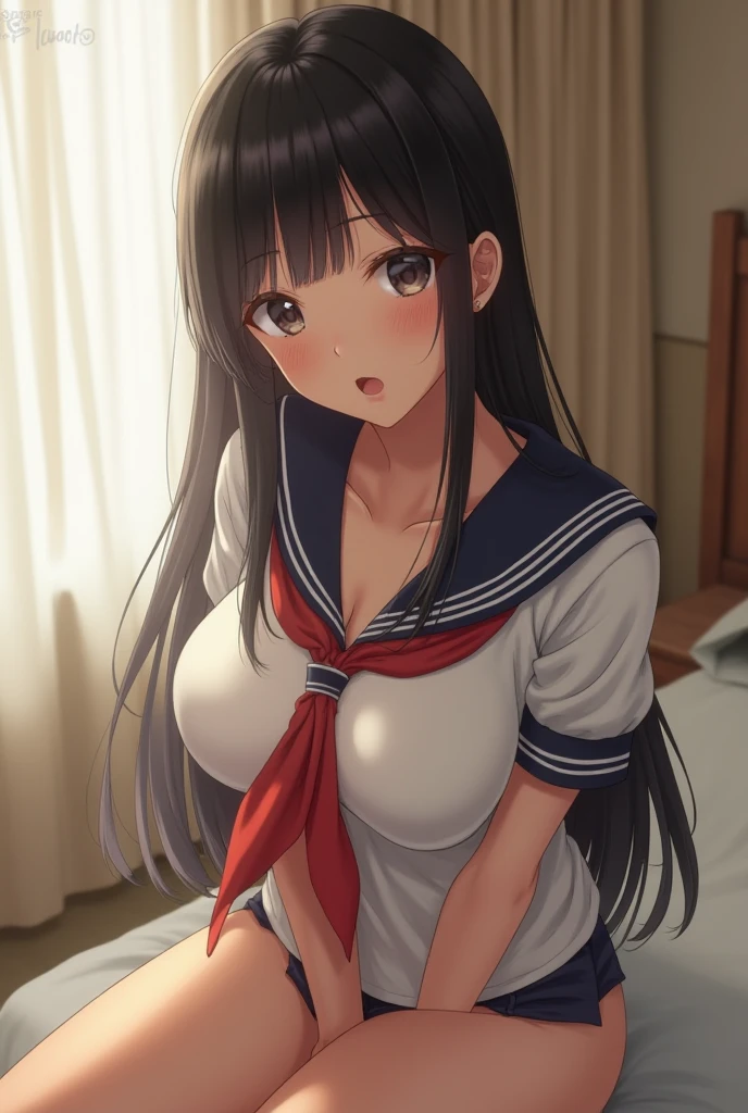 2 girls, by 2 person, Girl&#39;s brown eyes, black hair, medium long hair, Inward roll、(Navy blue sailor suit:1.4),indoors, Cafe、very big breasts、publish one&#39;chest of、Naked things&#39;chest of、blush、embarrassing、scary face、I&#39;m worried、confused face、a large amount of breast milk comes out of the nipples,、Breast milk gushes from the nipple、very short skirt、micro mini skirt、female shape&#39;Private parts are clearly visible、vibrator in thighhighs、The crotch is wet with love juice、Massage the breasts、Looks painful、Full body portrait