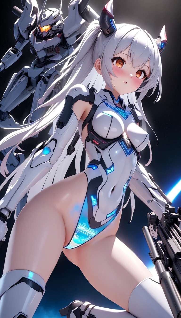 masterpiece,best quality,ultra-detailed,very detailed illustrations,highres,super complex details,extremely detailed 8k cg wallpaper, 1girl, <lyco:short stack:1.0>,mecha musume, mechanical parts, robot joints, headgear, <lora:AMechaSSS[white and gold color_theme,mecha musume, mechanical parts,robot joints,headgear]:0.5>, 1girl,solo,gigantic breasts, mecha musume, blush,standing,cowboy shot, cat ears,sakamata, starry background,  background, glowing white bikini, white underwear, navel,highleg, smile,