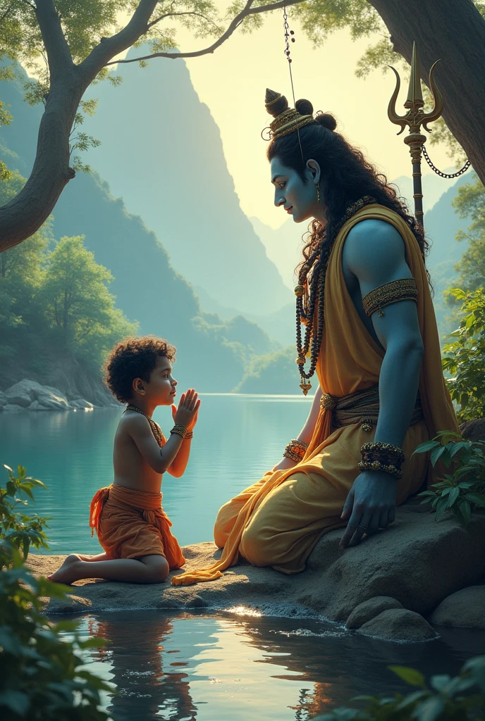 create a high quality realistic image, lord Mahadev and a 25year old indian boy sitting on his lap, boy is wearing orange t-shirt on which his name “Ganesh”is written boldly on top, both are happy, environment is mountain, background is of tree, image should ultra clear, hyper realistic, 4k.

