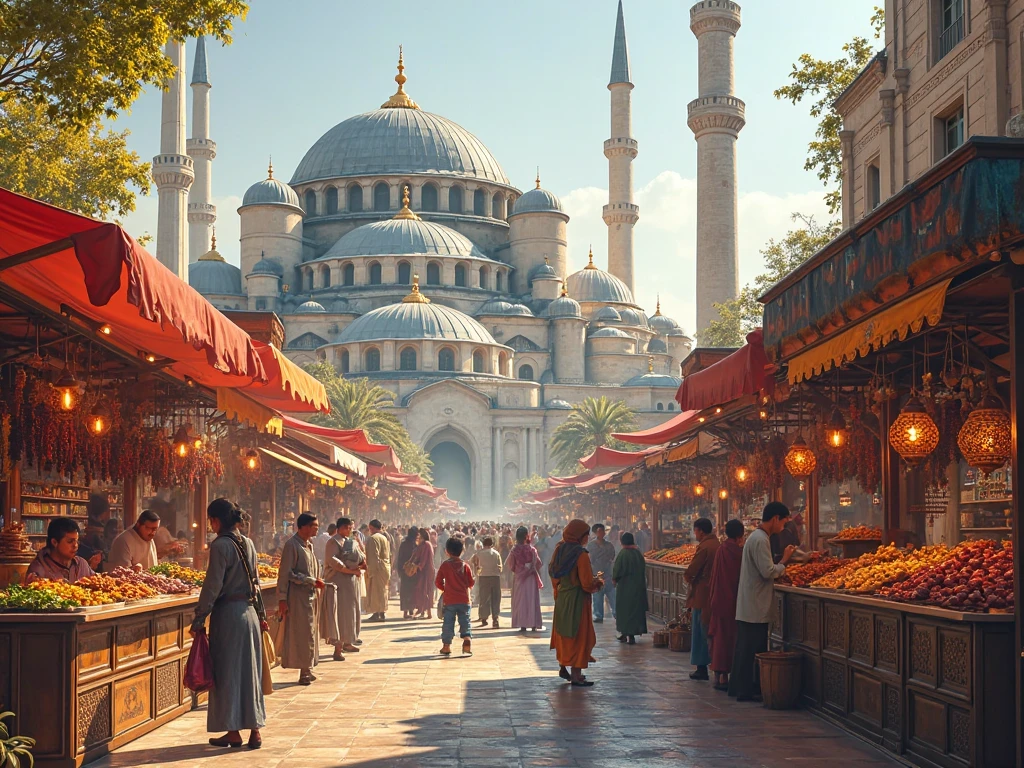 Illustrations of Ottoman cuisine, music performances, and cultural festivals.