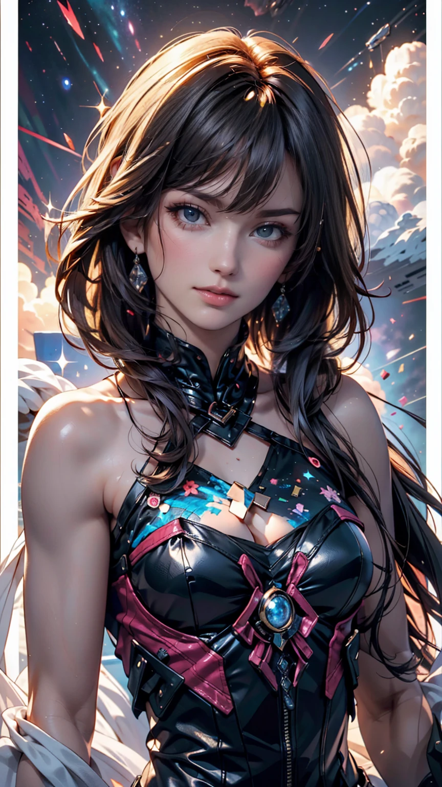A woman with brightly colored body paint that resembles galaxies and nebulae、With outer space as the background、She is naked、Body paint is applied directly to the skin