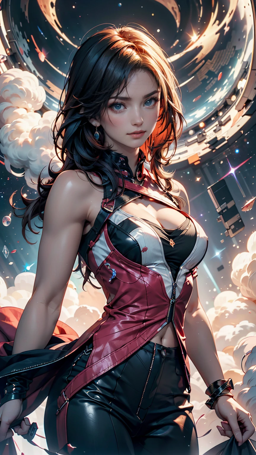 A woman with brightly colored body paint that resembles galaxies and nebulae、With outer space as the background、She is naked、Body paint is applied directly to the skin
