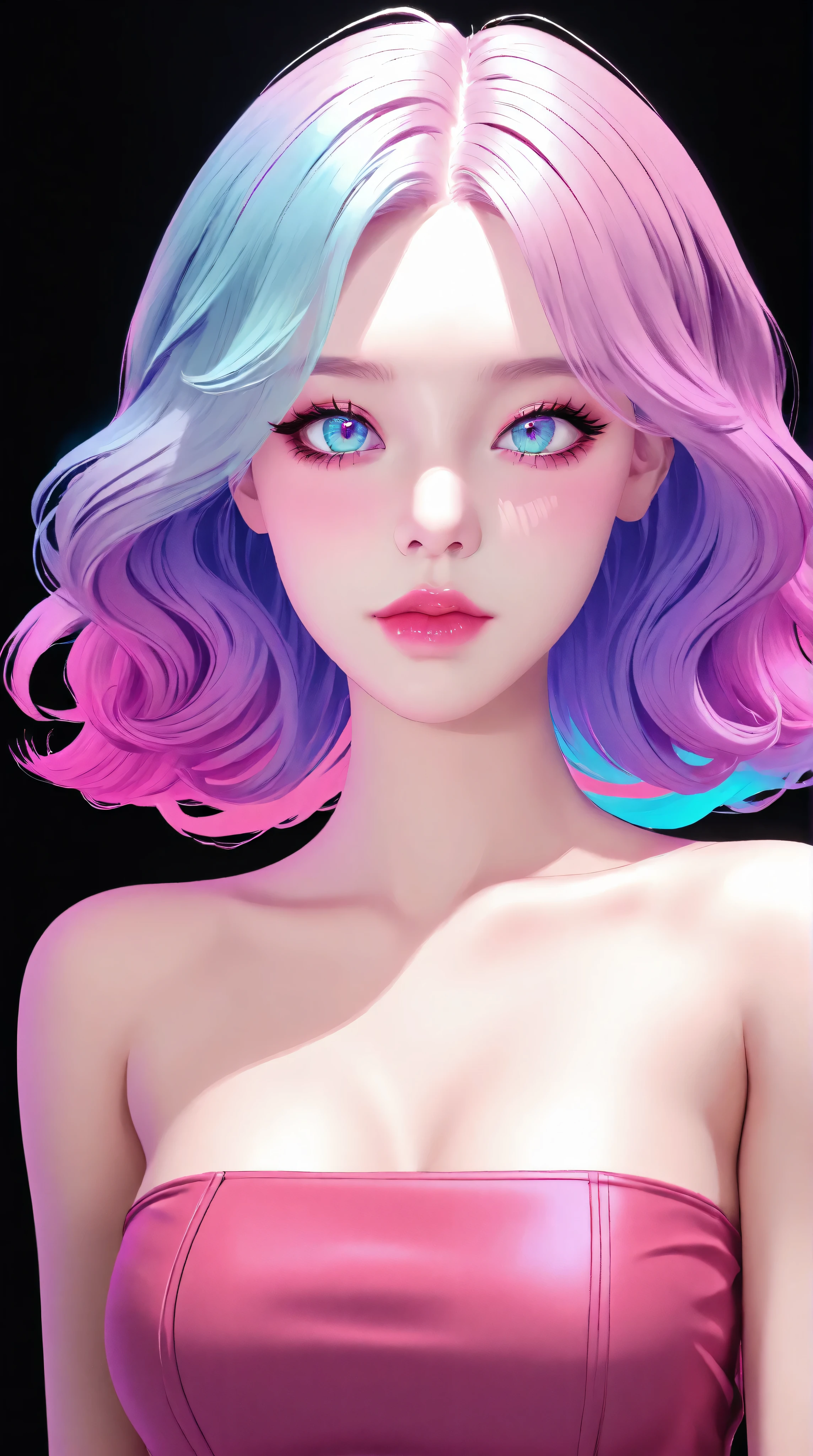 One asian girl, Medium Hair, silver hair, Pink long dress, pink Bunny ears , She has large expressive pink eyes,Backlight, Black Light, Beautiful fine details, Beautiful lip detail, Beautifully detailed face, Long eyelashes, Glowing Skin, Mysterious, Mysterious, Surreal, Dramatic lighting, neon, UV rays, psychedelic, Vibrant colors, High resolution, Cinematic, Atmospheric, Harajuku Fashion Akihabara, Transparent color PVC clothing, Transparent Color Vinyl Clothing, Prismatic, Holographic, chromatic aberration, Colorful gradient, big breasts, cleavage, solid black background,