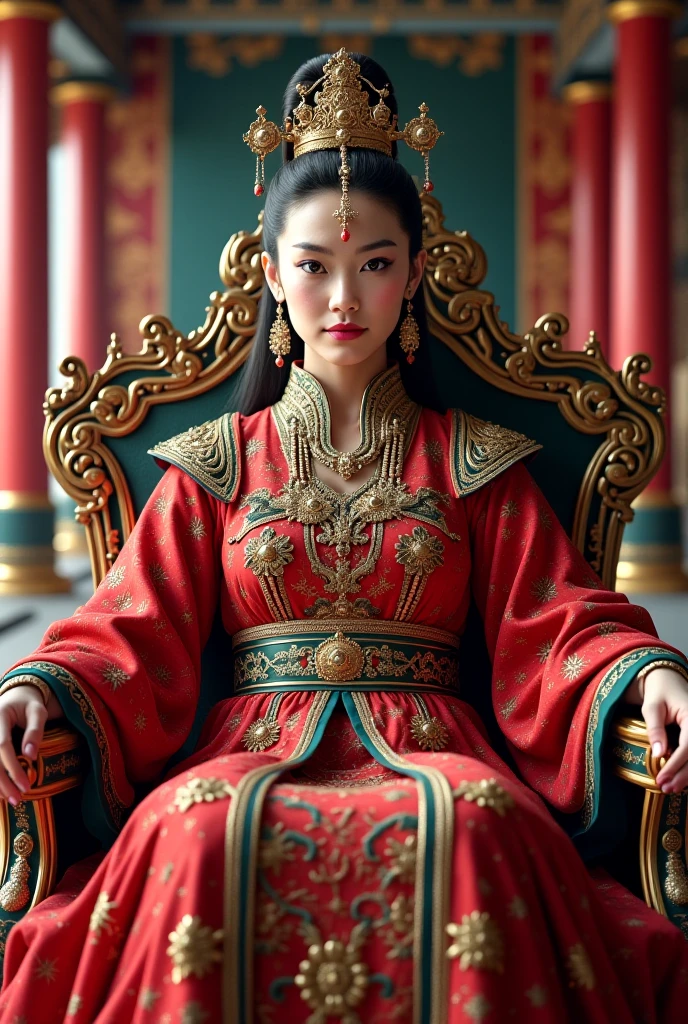 (best quality,4k,8k,highres,masterpiece:1.2),ultra-detailed,(realistic,photorealistic,photo-realistic:1.37),impressive scene,grandeur of the Tang Dynasty,Chinese empress Wu Zetian,holding court,powerful and regal,imperial palace,ornate hall,elaborate throne,opulent decorations,exquisite costumes,attendants,followers,empress's commanding presence,serious expression,vibrant colors,splendid attire,royal authority,dignified atmosphere,aurora lighting,colorful silk drapes,intricate patterns,onlookers in awe,historical significance,enduring legacy,cultural impact,imperial power and influence,luxurious tapestries,elaborate hairstyles,ornamental headpieces,meticulously painted details,impressive facial features,calm and composed demeanor,endless admiration and respect,breathtaking scene,immersive experience.